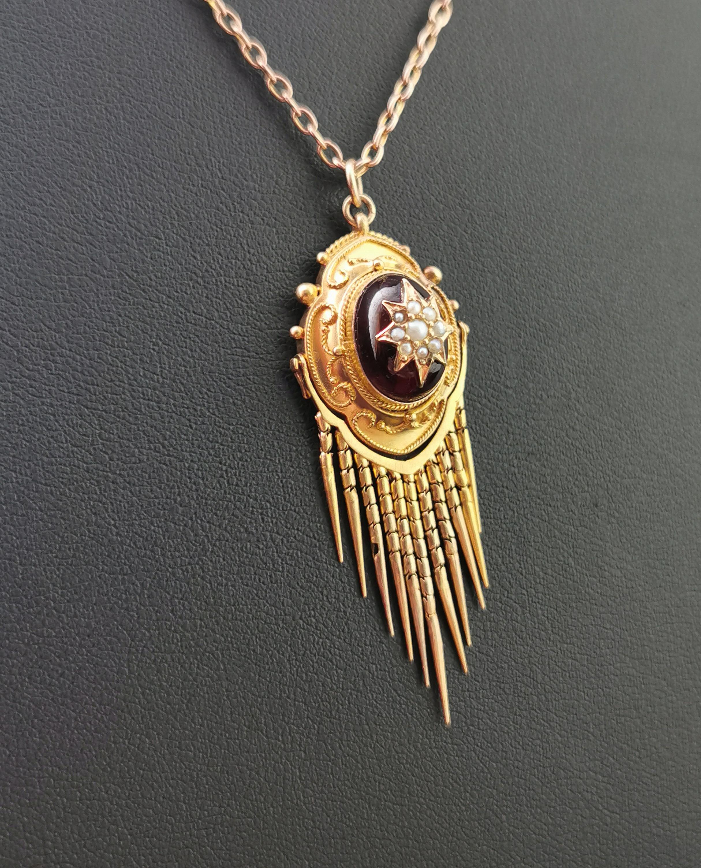 Victorian Garnet and Pearl Tassle Pendant, Necklace, 18 Karat Yellow Gold 2