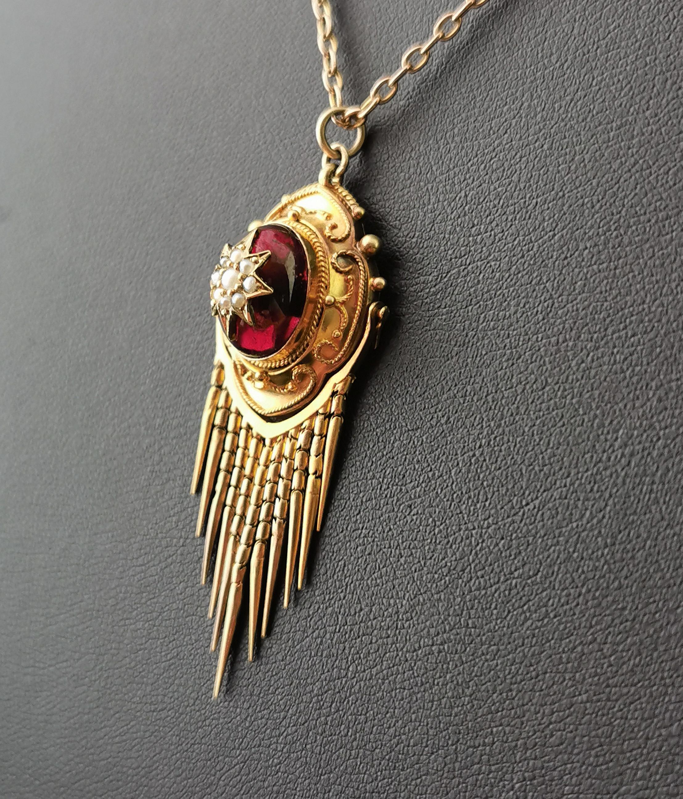 Victorian Garnet and Pearl Tassle Pendant, Necklace, 18 Karat Yellow Gold 3