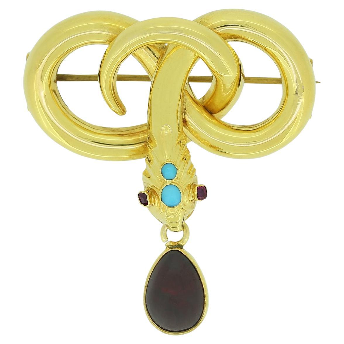 Victorian Garnet and Turquoise Snake Brooch For Sale