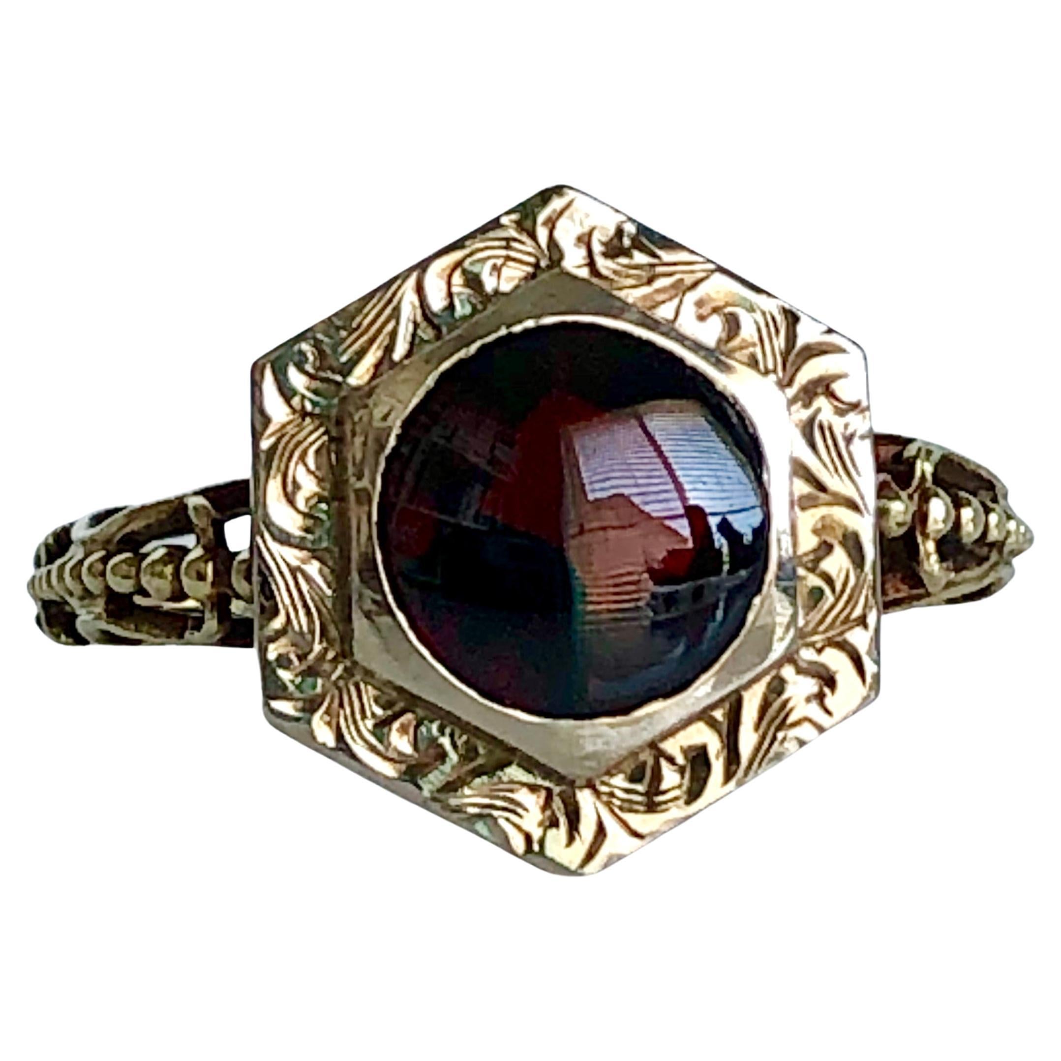 Victorian Garnet Cabochon 14k Filigree Ring
