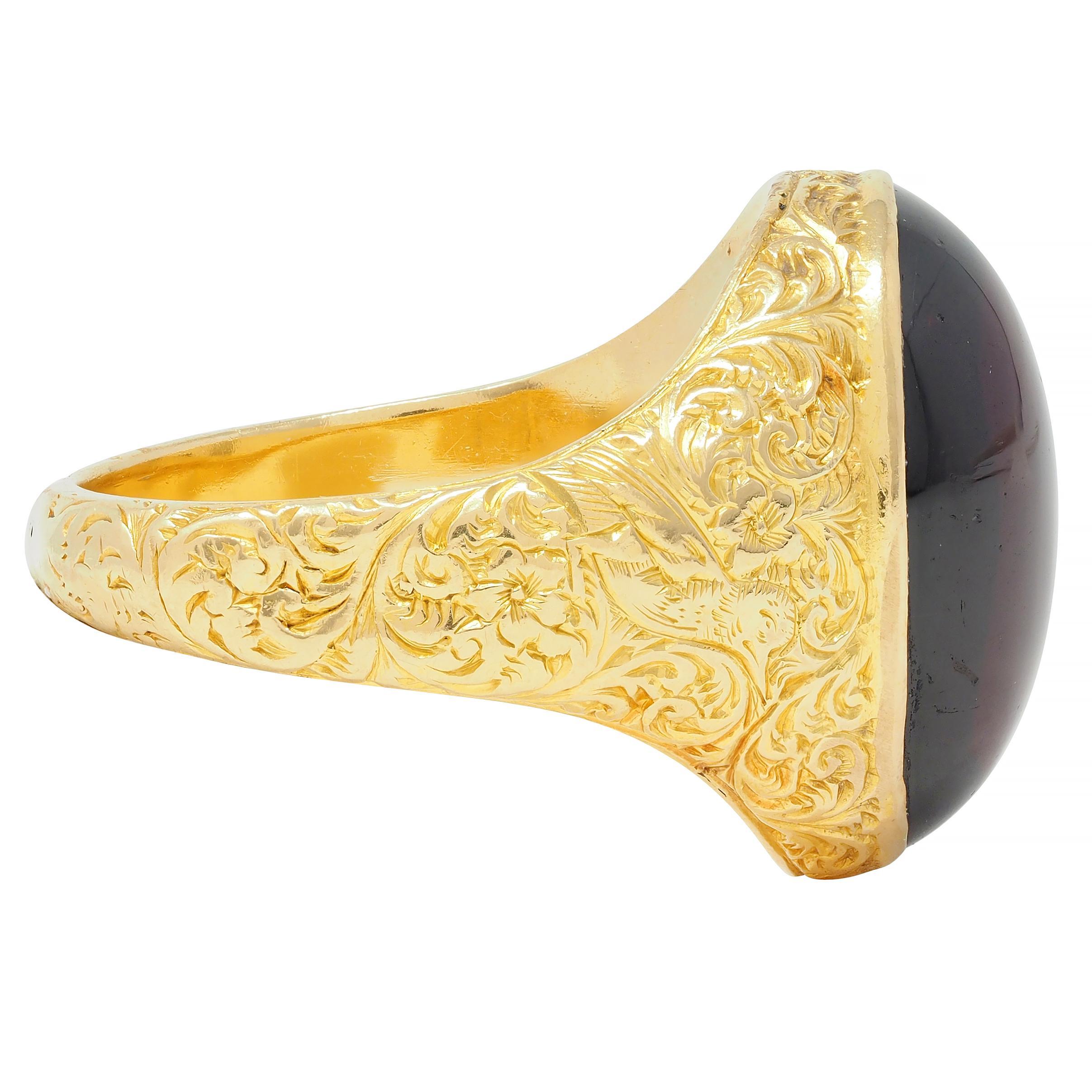 Victorian Garnet Cabochon 18 Karat Yellow Gold Floral Antique Unisex Signet Ring In Excellent Condition For Sale In Philadelphia, PA