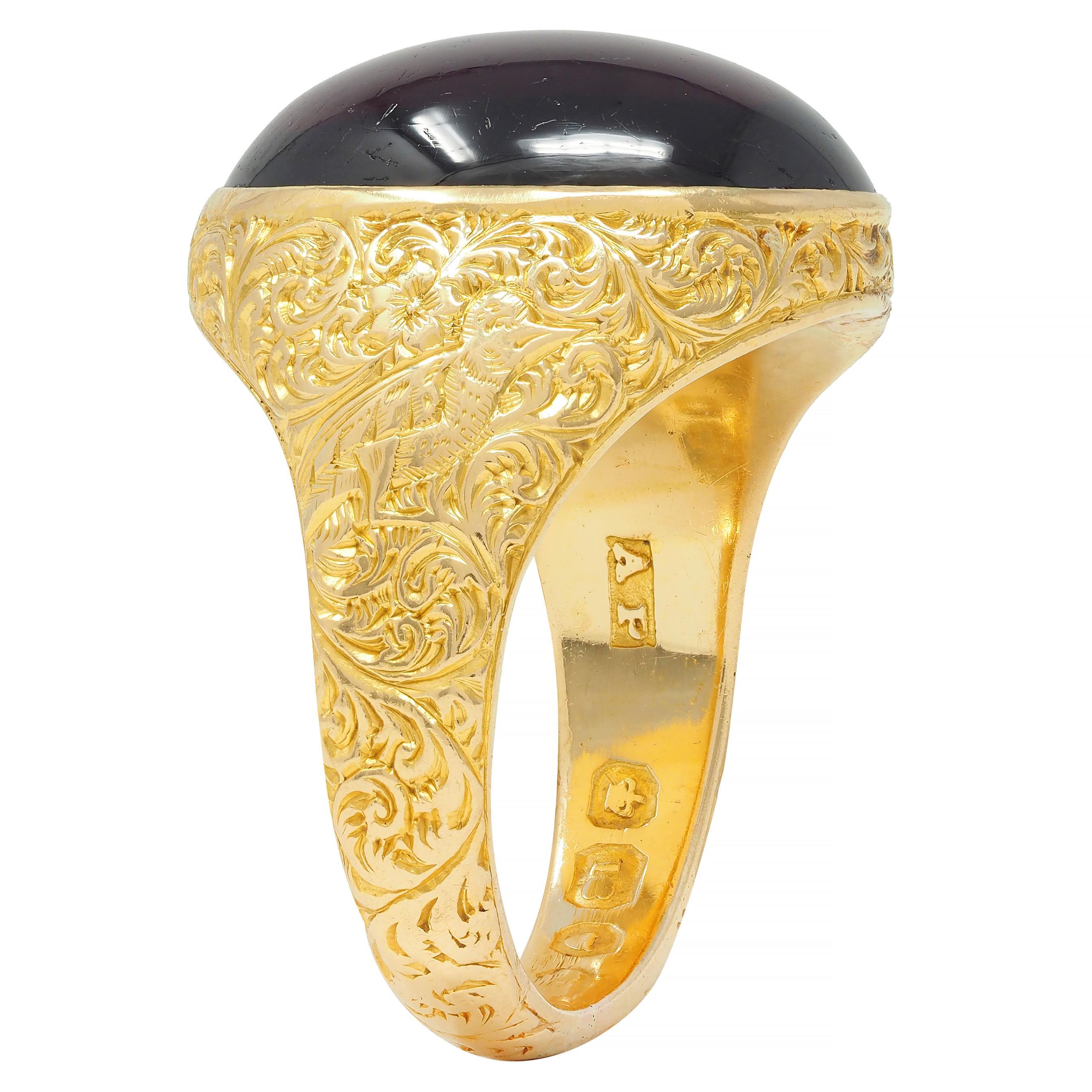 Victorian Garnet Cabochon 18 Karat Yellow Gold Floral Antique Unisex Signet Ring For Sale 8