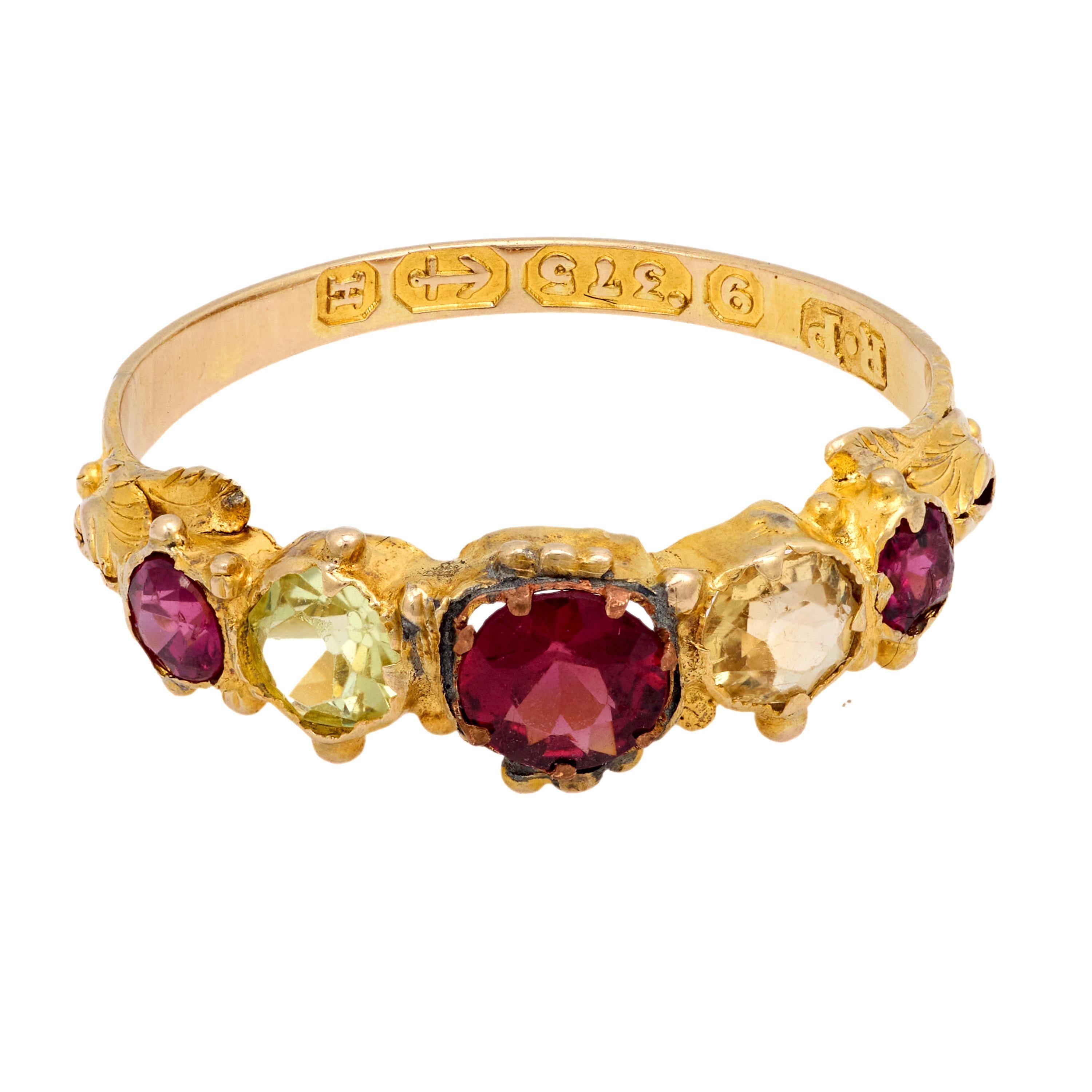 Round Cut Victorian garnet citrine 9k yellow gold 5 stone ring For Sale