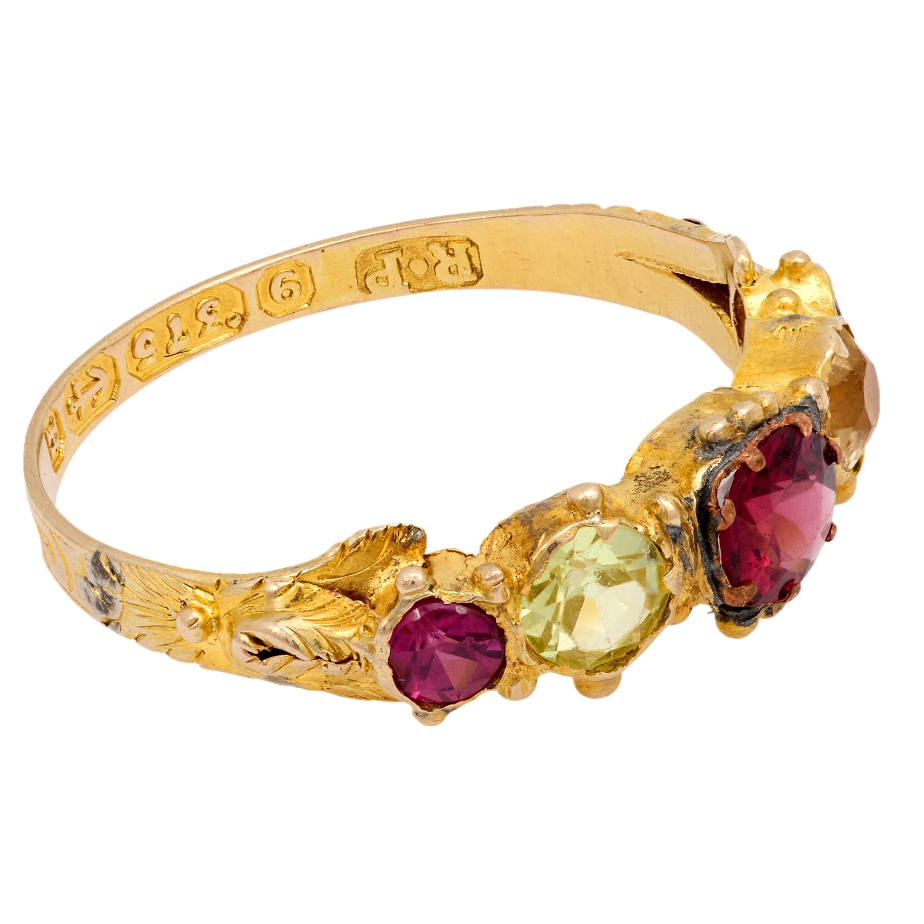 Women's Victorian garnet citrine 9k yellow gold 5 stone ring For Sale