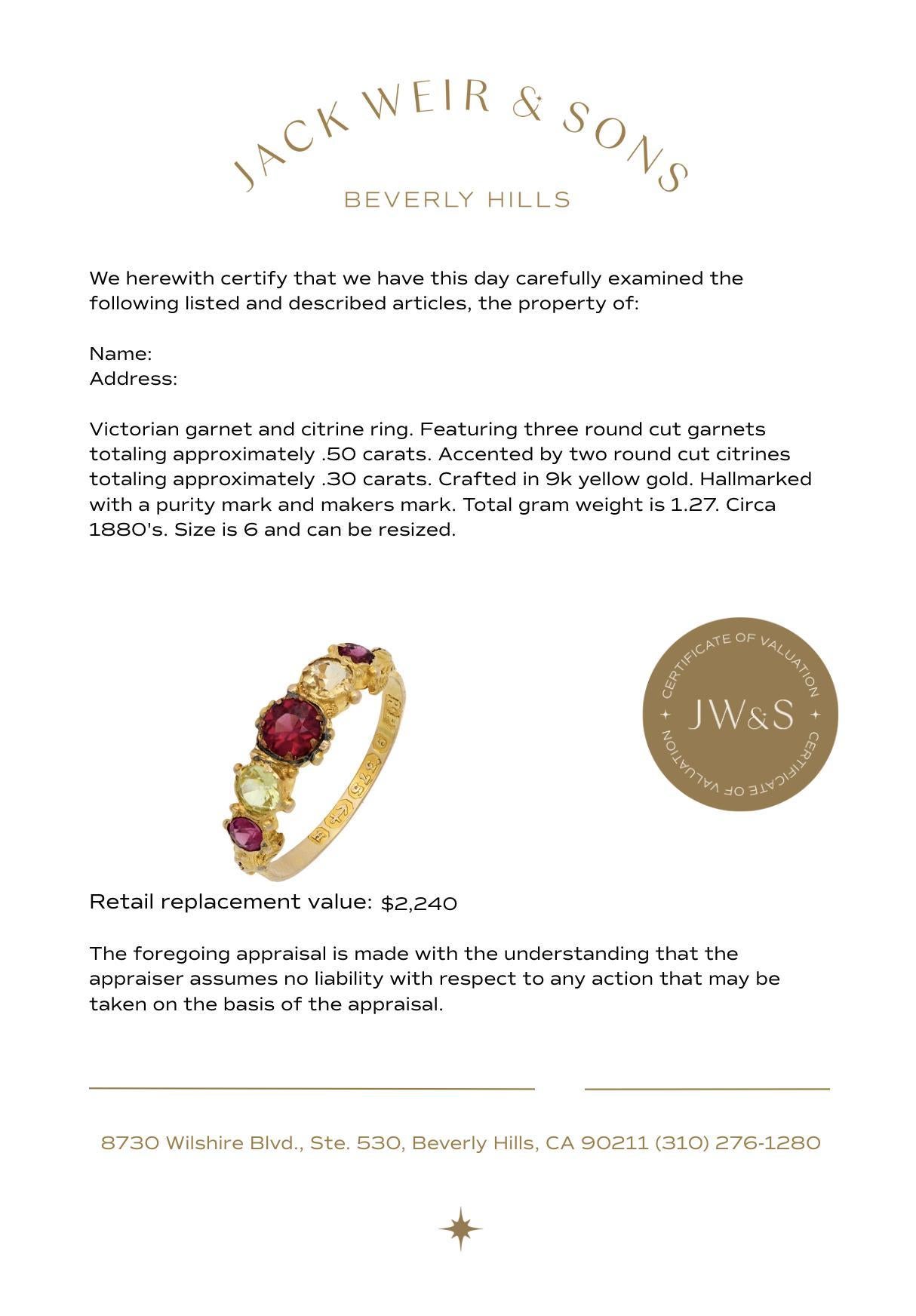 Victorian garnet citrine 9k yellow gold 5 stone ring For Sale 1