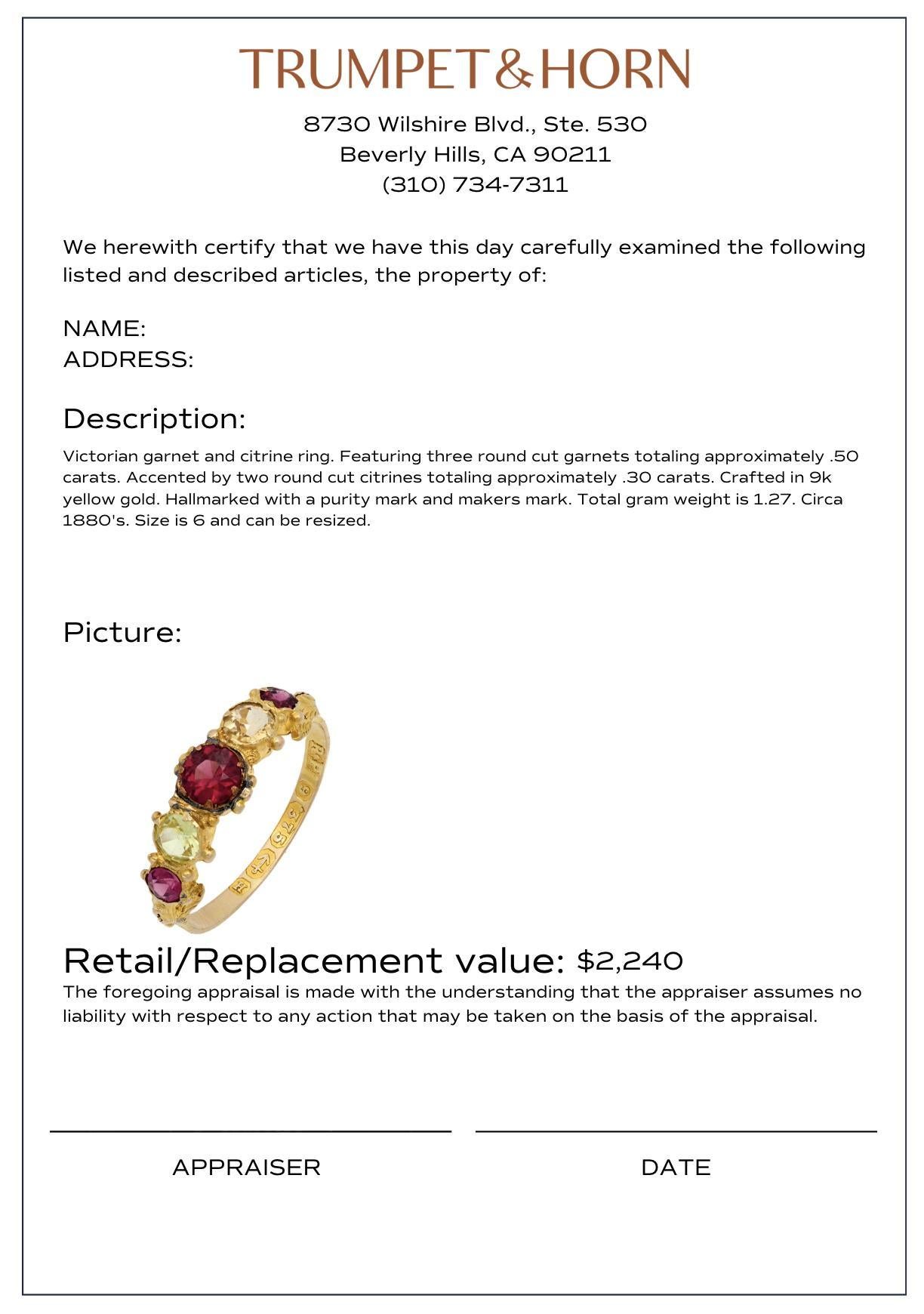 Victorian garnet citrine 9k yellow gold 5 stone ring For Sale 2