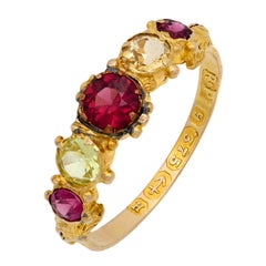 Antique Victorian garnet citrine 9k yellow gold 5 stone ring