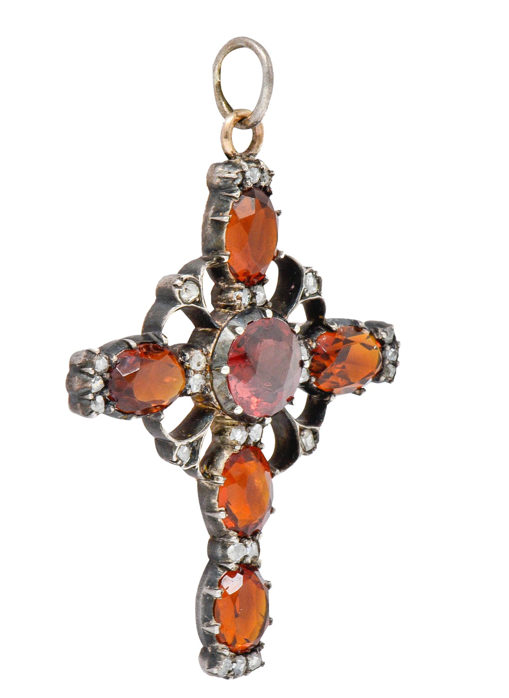 Victorian Garnet Citrine Diamond Silver-Topped 14 Karat Gold Cross Pendant In Excellent Condition In Philadelphia, PA