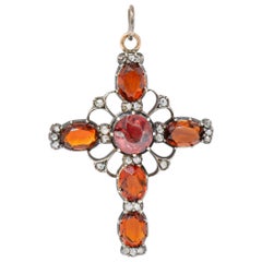 Victorian Garnet Citrine Diamond Silver-Topped 14 Karat Gold Cross Pendant