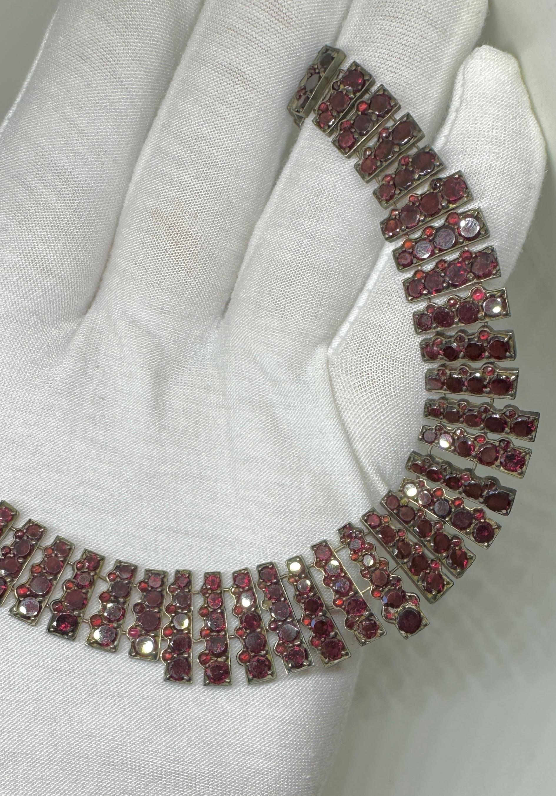 Victorian Garnet Collar Necklace Rare Flat Cut Bohemian Garnets Antique 1860 For Sale 4