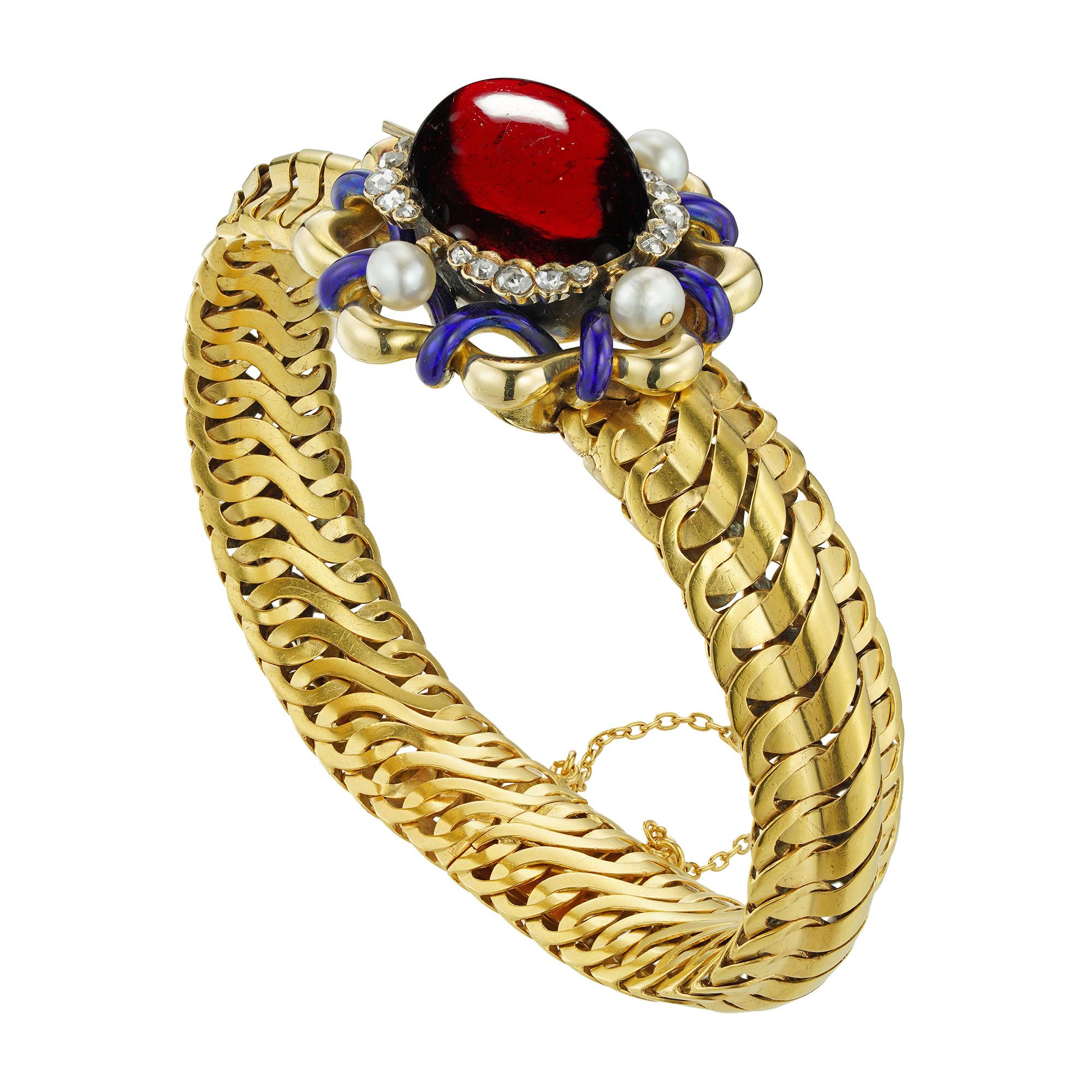 Viktorianisches Granat-, Diamant- und Perlenarmband (Rosenschliff) im Angebot