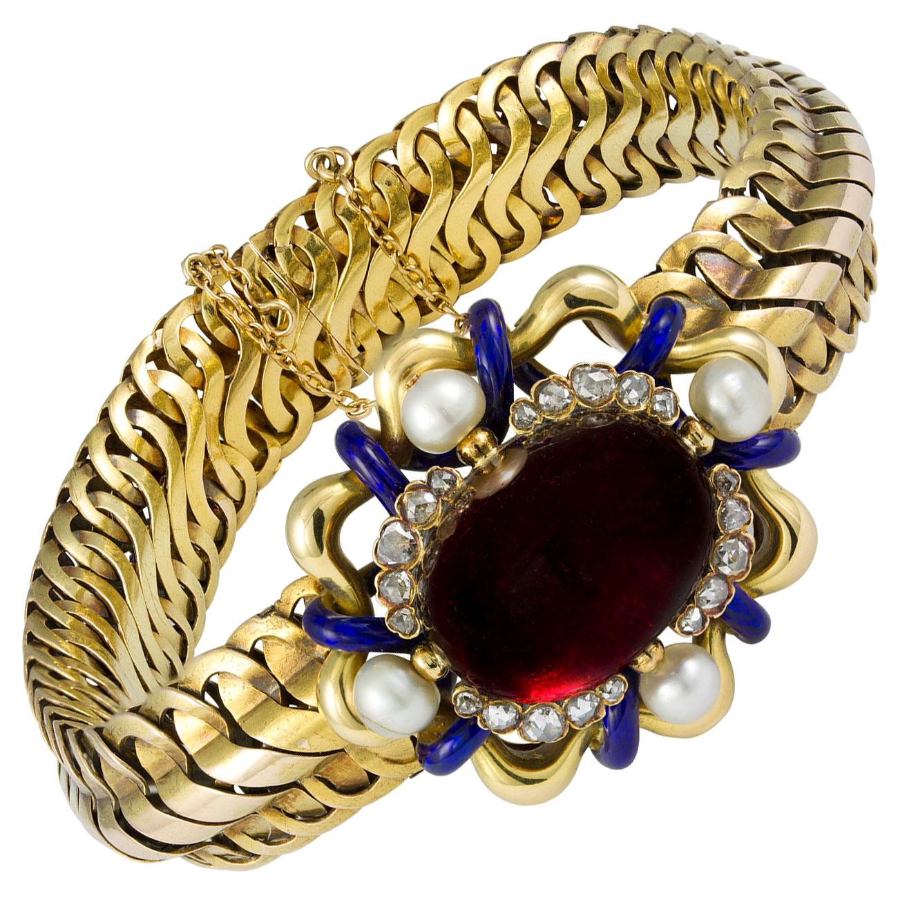 Victorian Garnet, Diamond and Pearl Bracelet