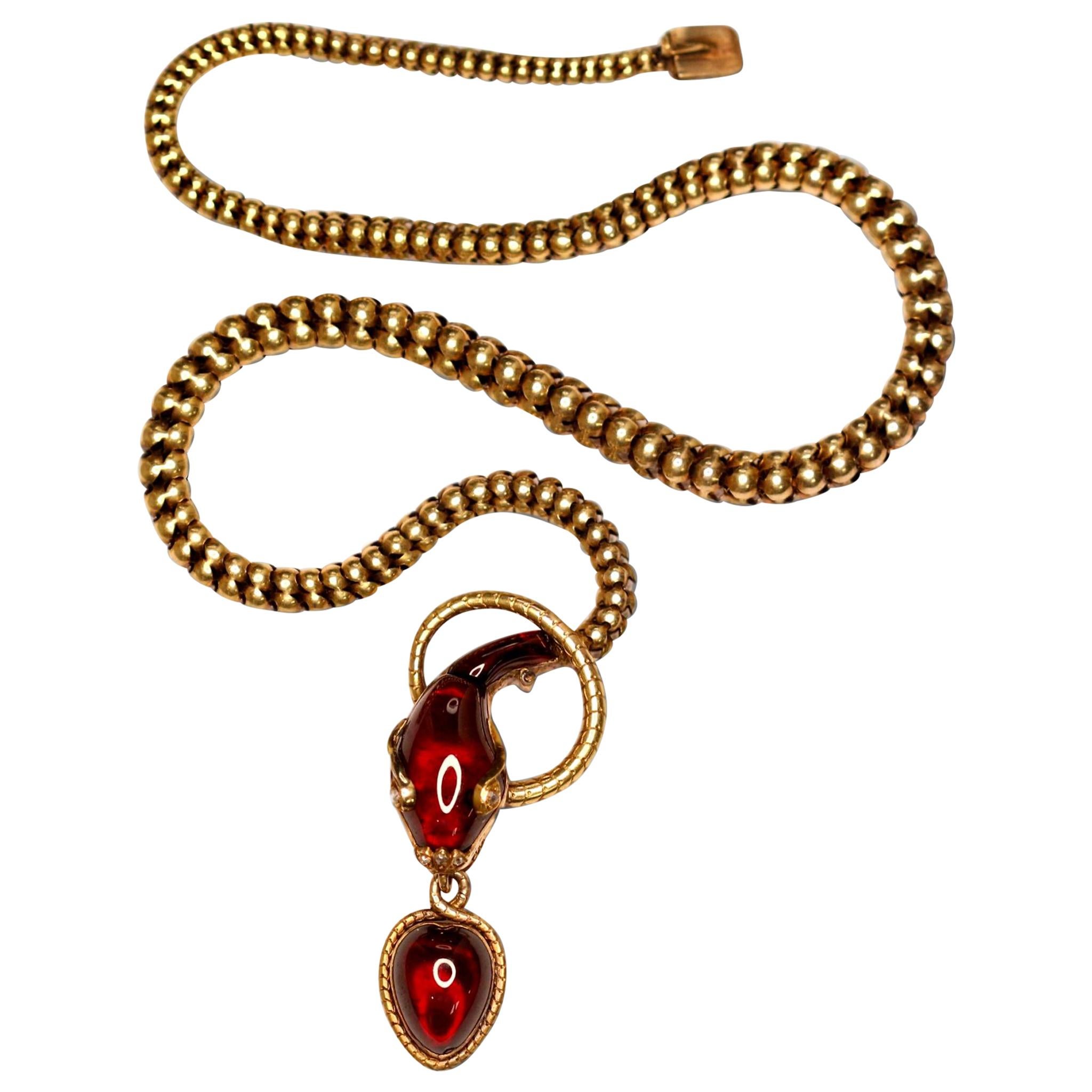 Victorian Garnet Diamond Antique Snake Pendant Necklace