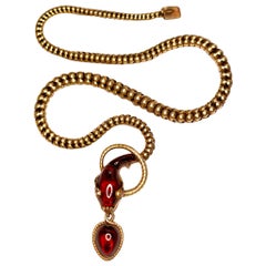 Victorian Garnet Diamond Antique Snake Pendant Necklace