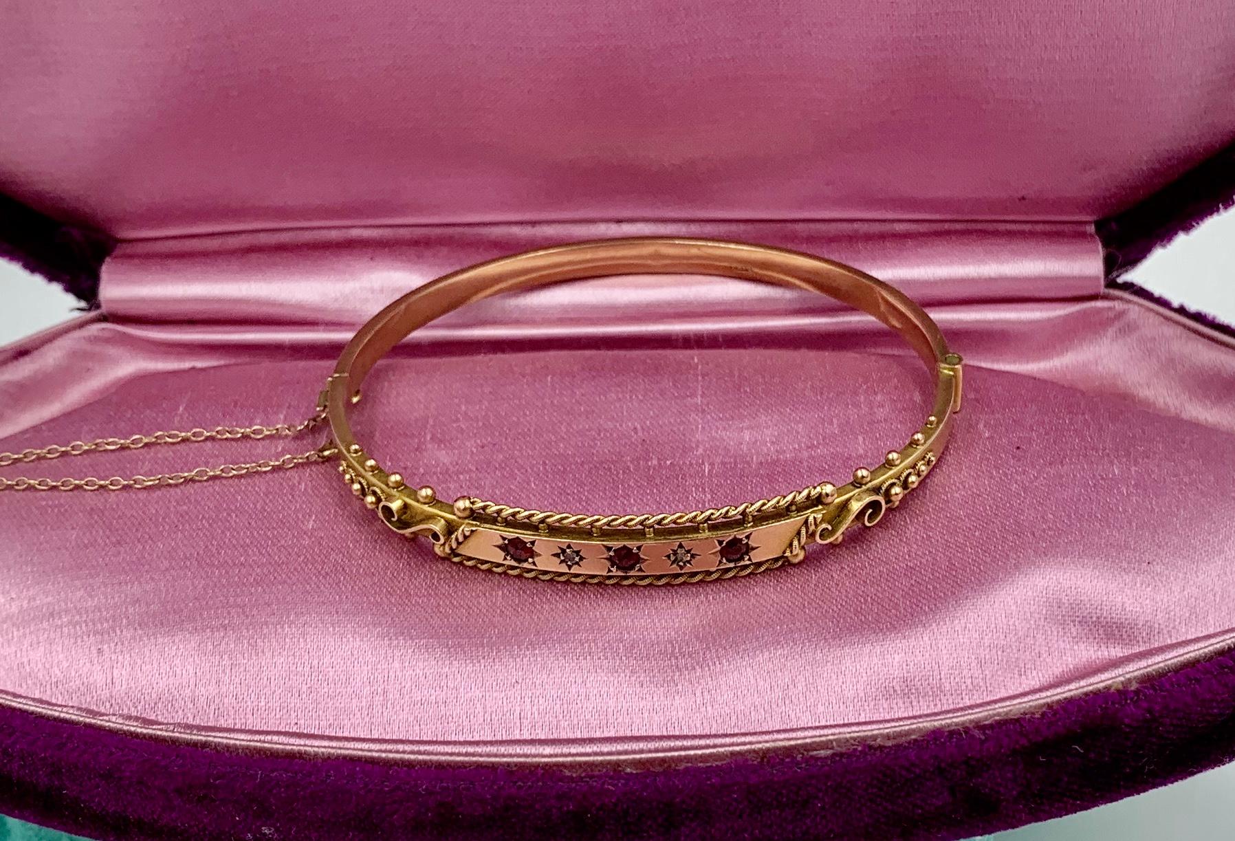 Victorian Garnet Diamond Bangle Bracelet Gold Etruscan Revival 2