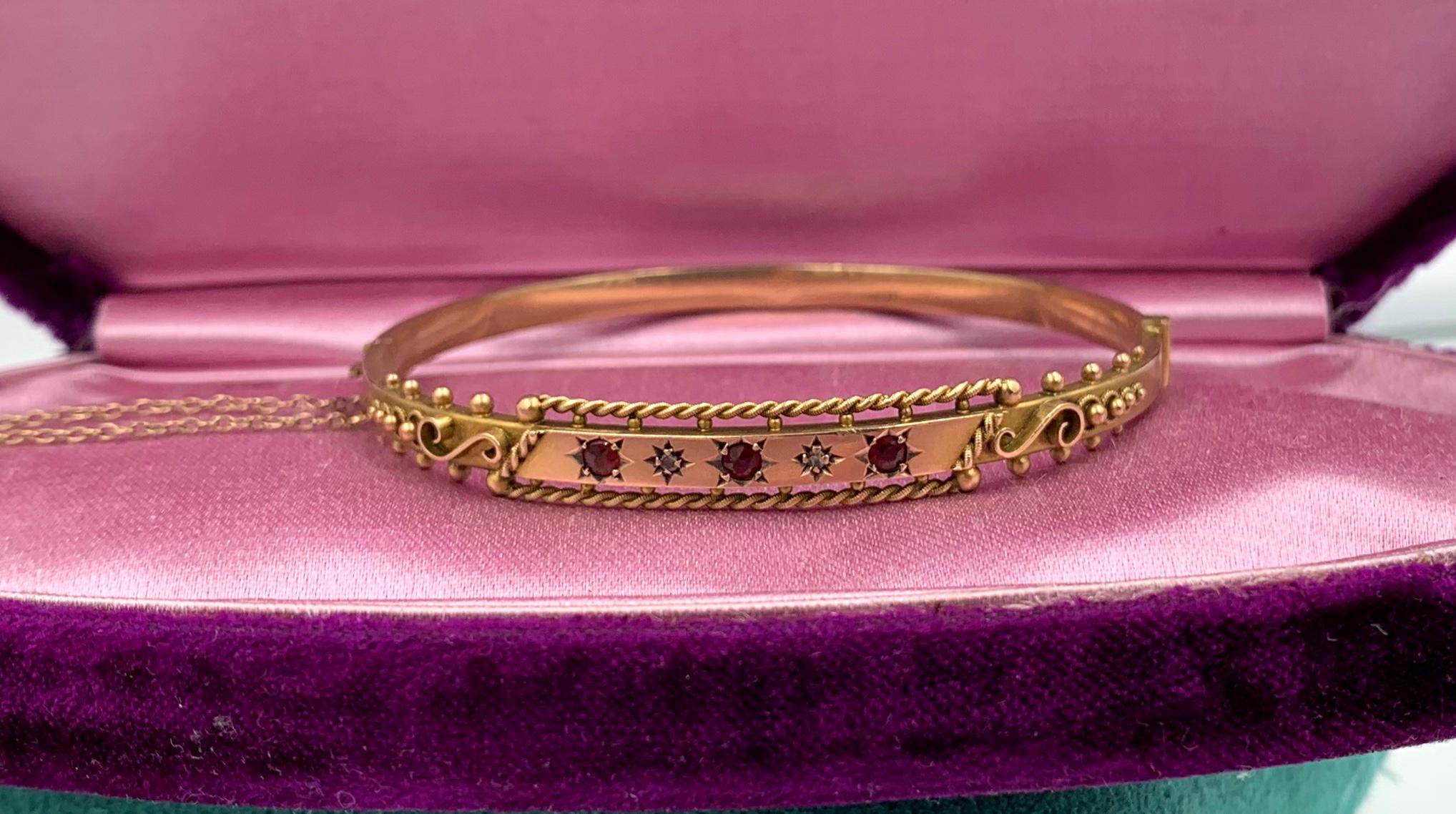 Round Cut Victorian Garnet Diamond Bangle Bracelet Gold Etruscan Revival