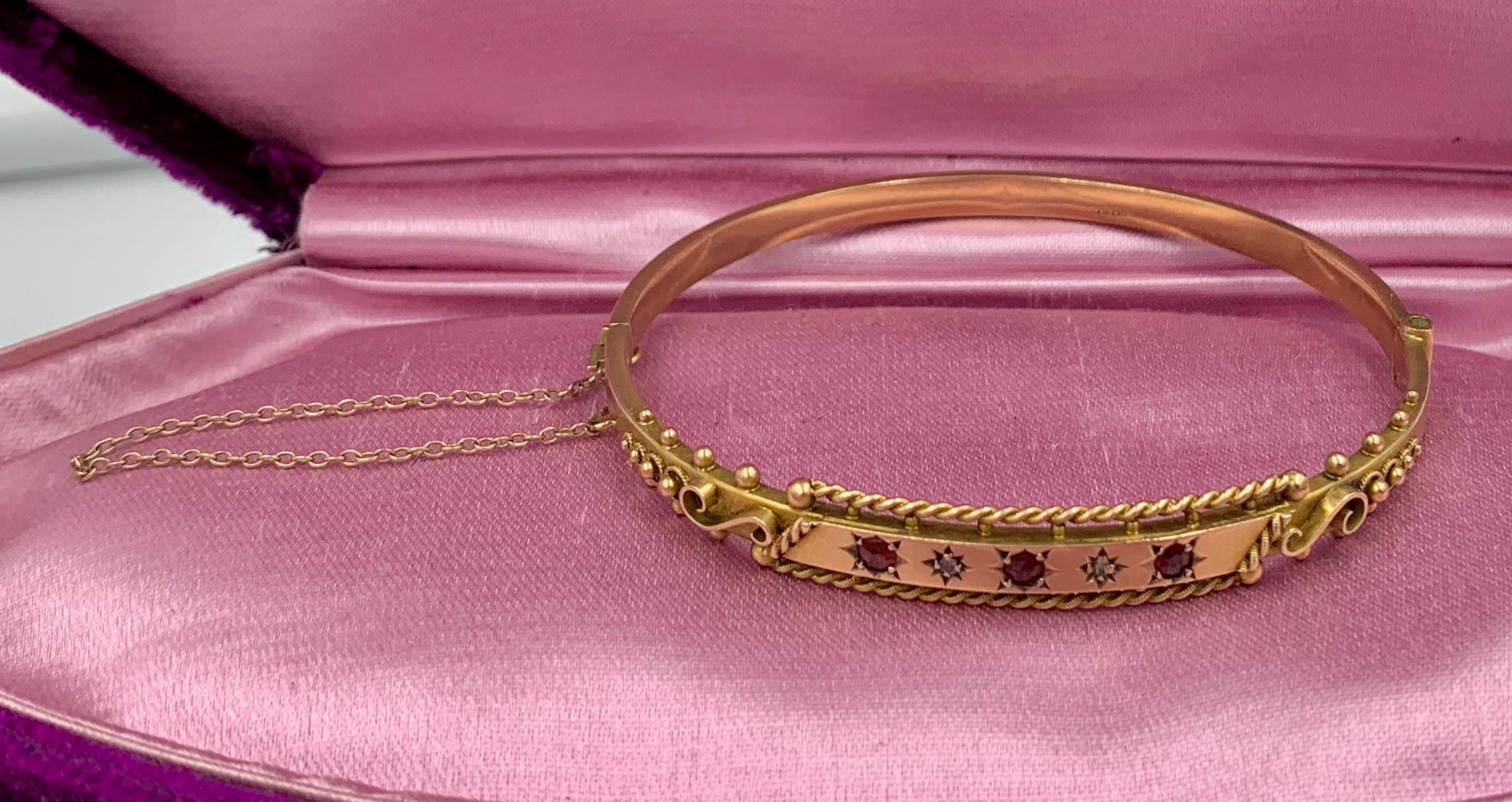 Victorian Garnet Diamond Bangle Bracelet Gold Etruscan Revival In Good Condition In New York, NY
