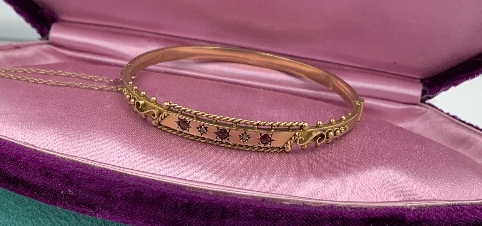 Women's Victorian Garnet Diamond Bangle Bracelet Gold Etruscan Revival