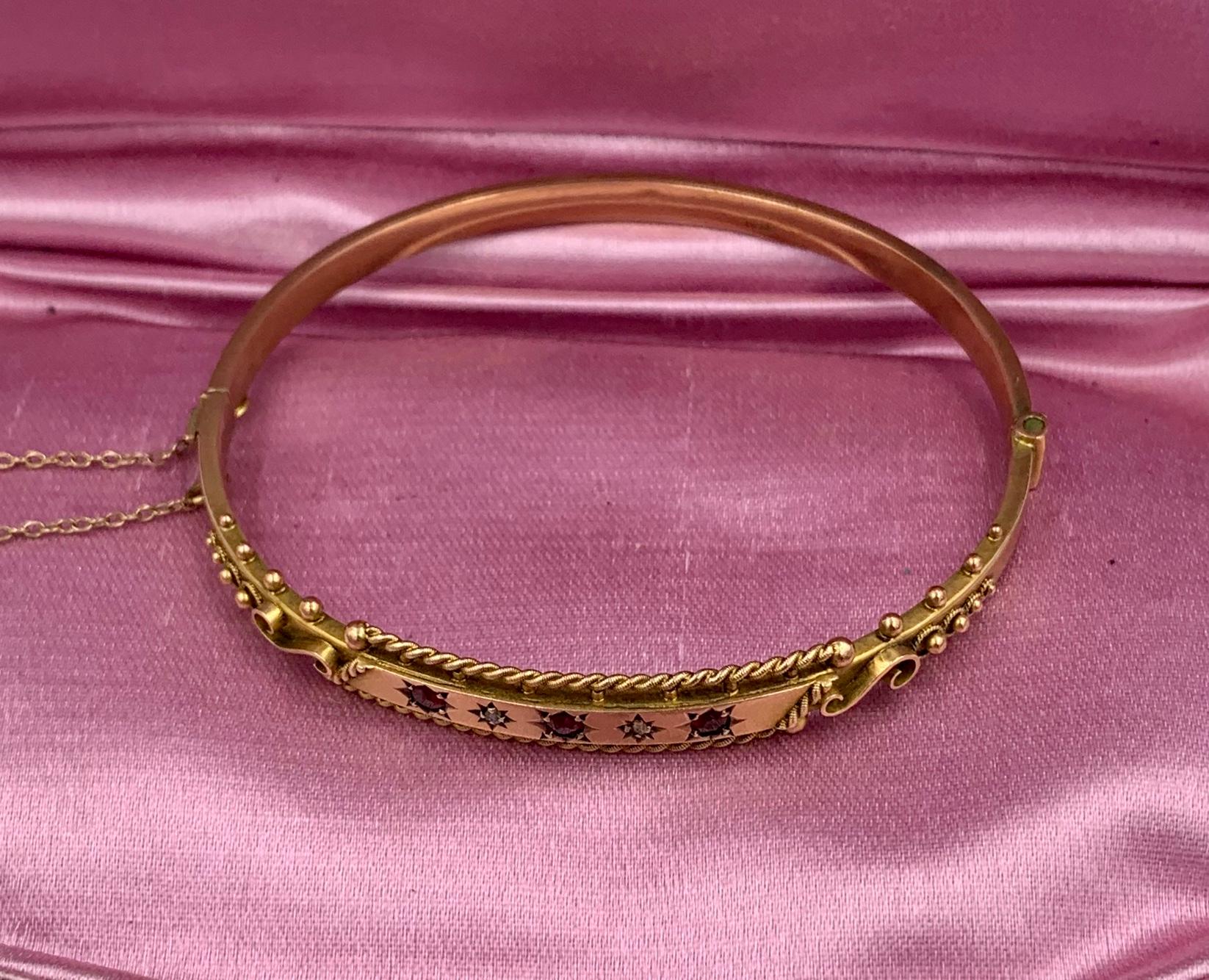 Victorian Garnet Diamond Bangle Bracelet Gold Etruscan Revival 1