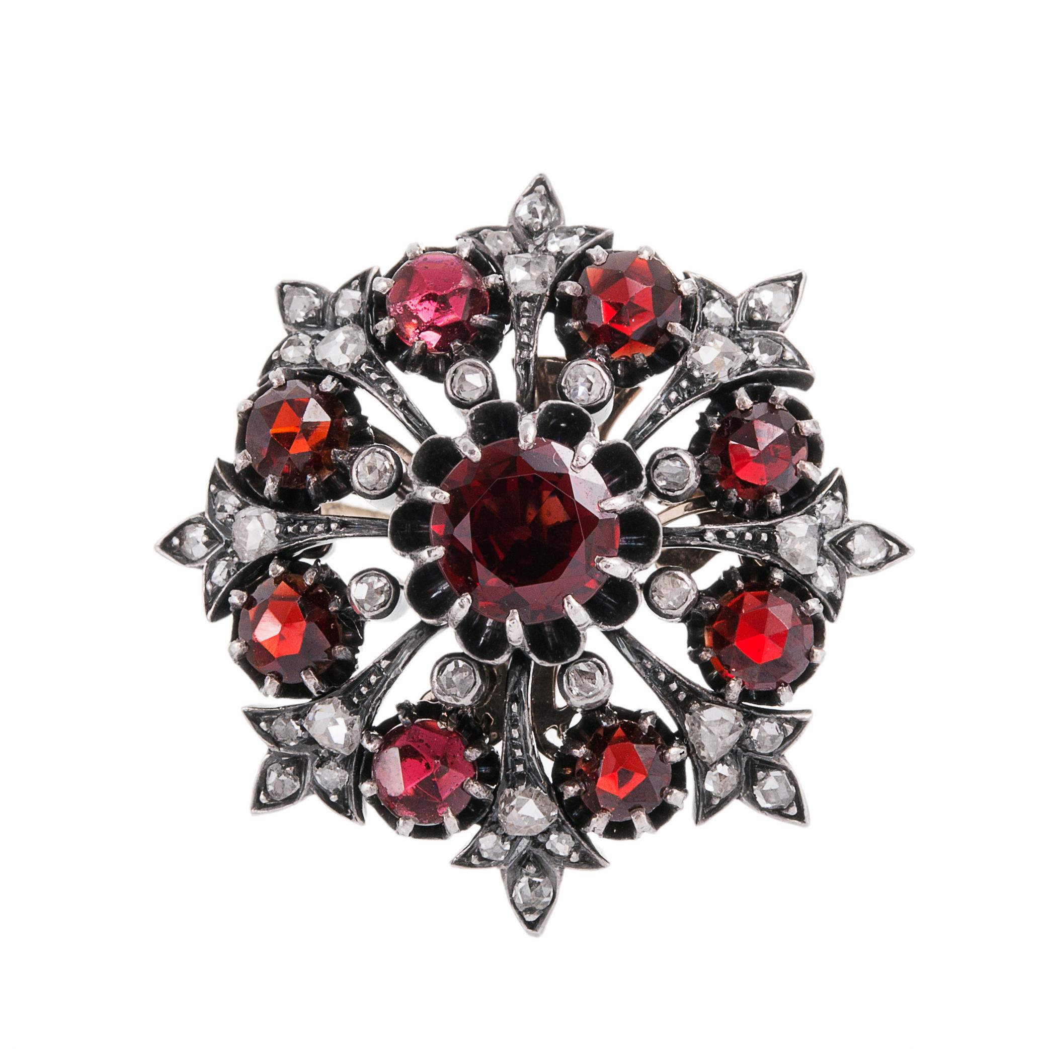 Mixed Cut Victorian Garnet & Diamond Cluster Brooch For Sale