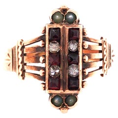 Viktorianischer viktorianischer Granat-Diamant-Perlen-Cocktailring .38ct Antik 14K Französischer Schliff