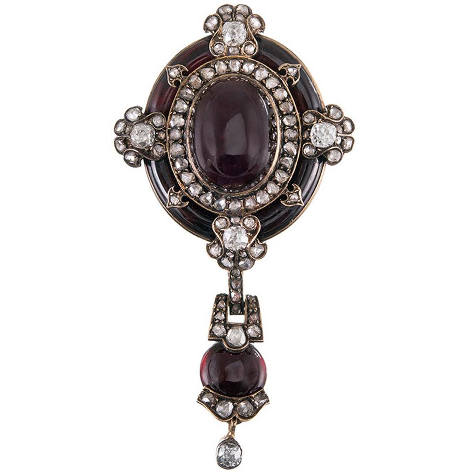 Victorian Garnet Diamond Pin Pendant with Original Box For Sale