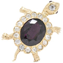 Victorian Garnet Diamond Ruby and 14 Karat Gold Turtle Pendant