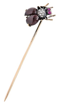 Victorian Garnet Diamond Ruby Silver-Topped 18 Karat Gold Fly Insect Stickpin