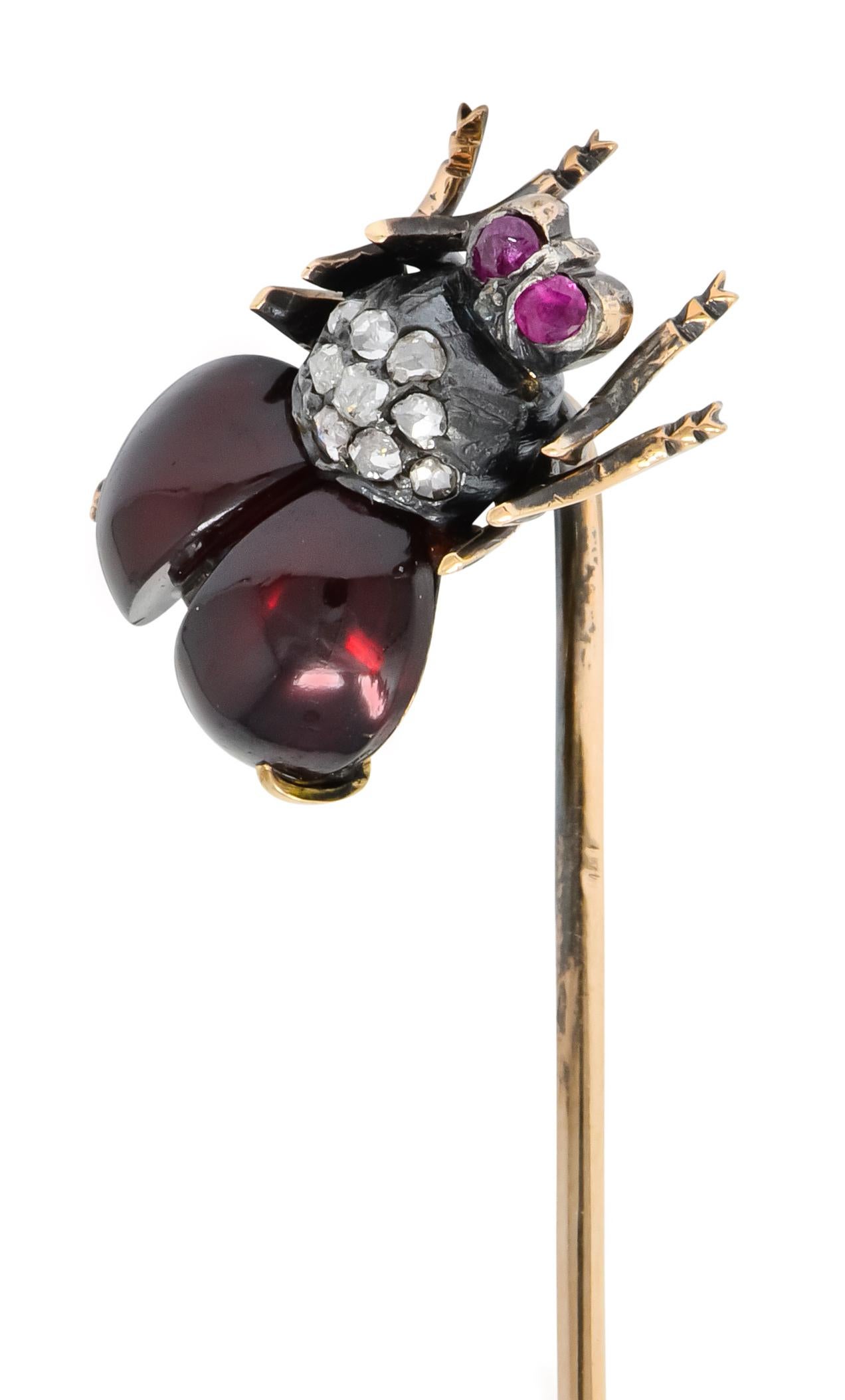 Victorien Epingle à mouche en or 18 carats avec grenat, diamant et rubis, de style victorien A Silver en vente