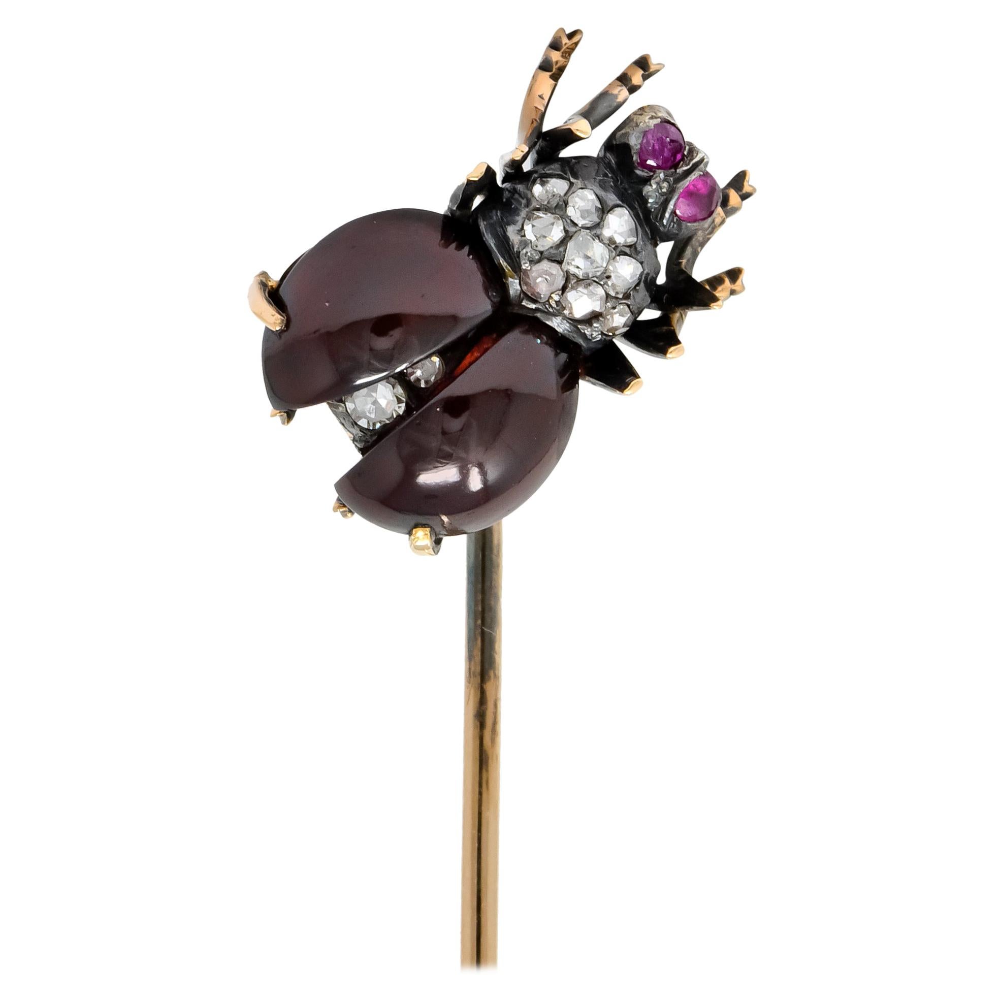 Victorian Garnet Diamond Ruby Silver-Topped 18 Karat Gold Fly Insect Stickpin For Sale