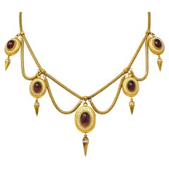 Victorian Garnet Enamel 18 Karat Yellow Gold Festoon Fringe Antique Necklace
