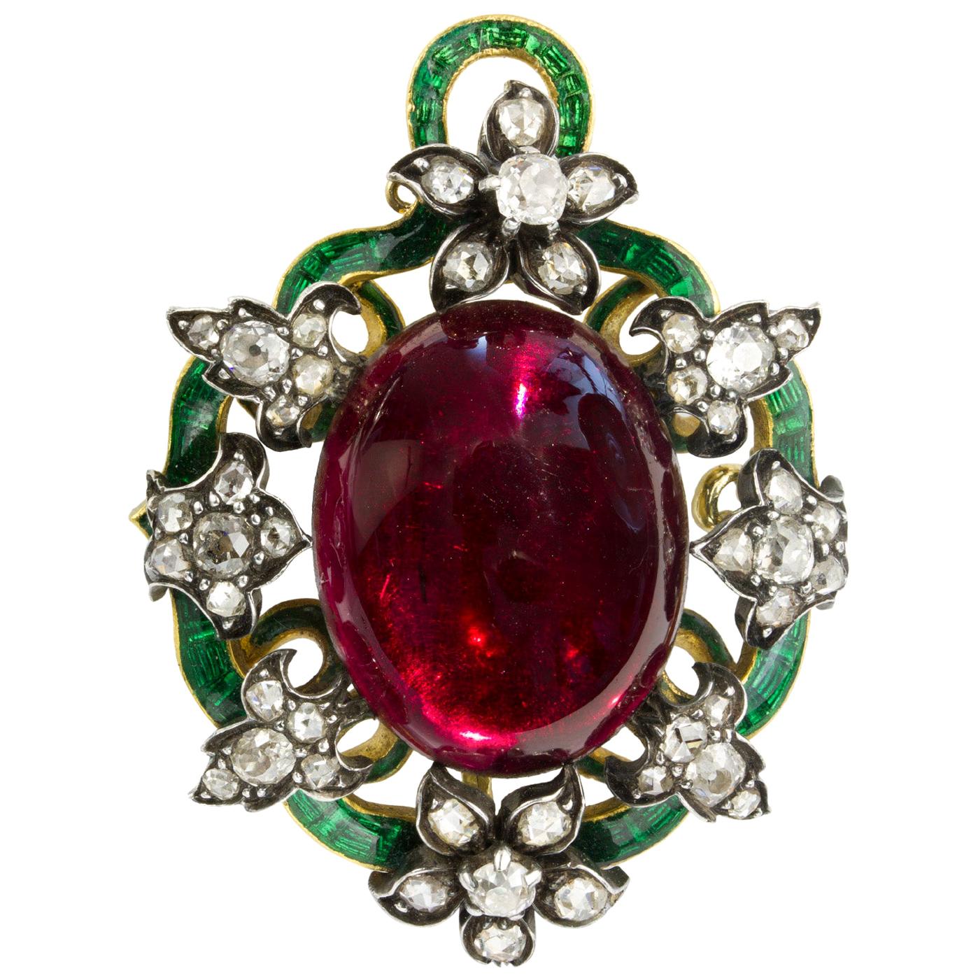 Victorian Garnet Enamel and Diamond Pendant or Brooch