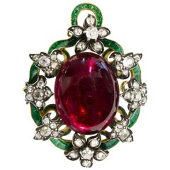 Retro Victorian Garnet Enamel and Diamond Pendant or Brooch