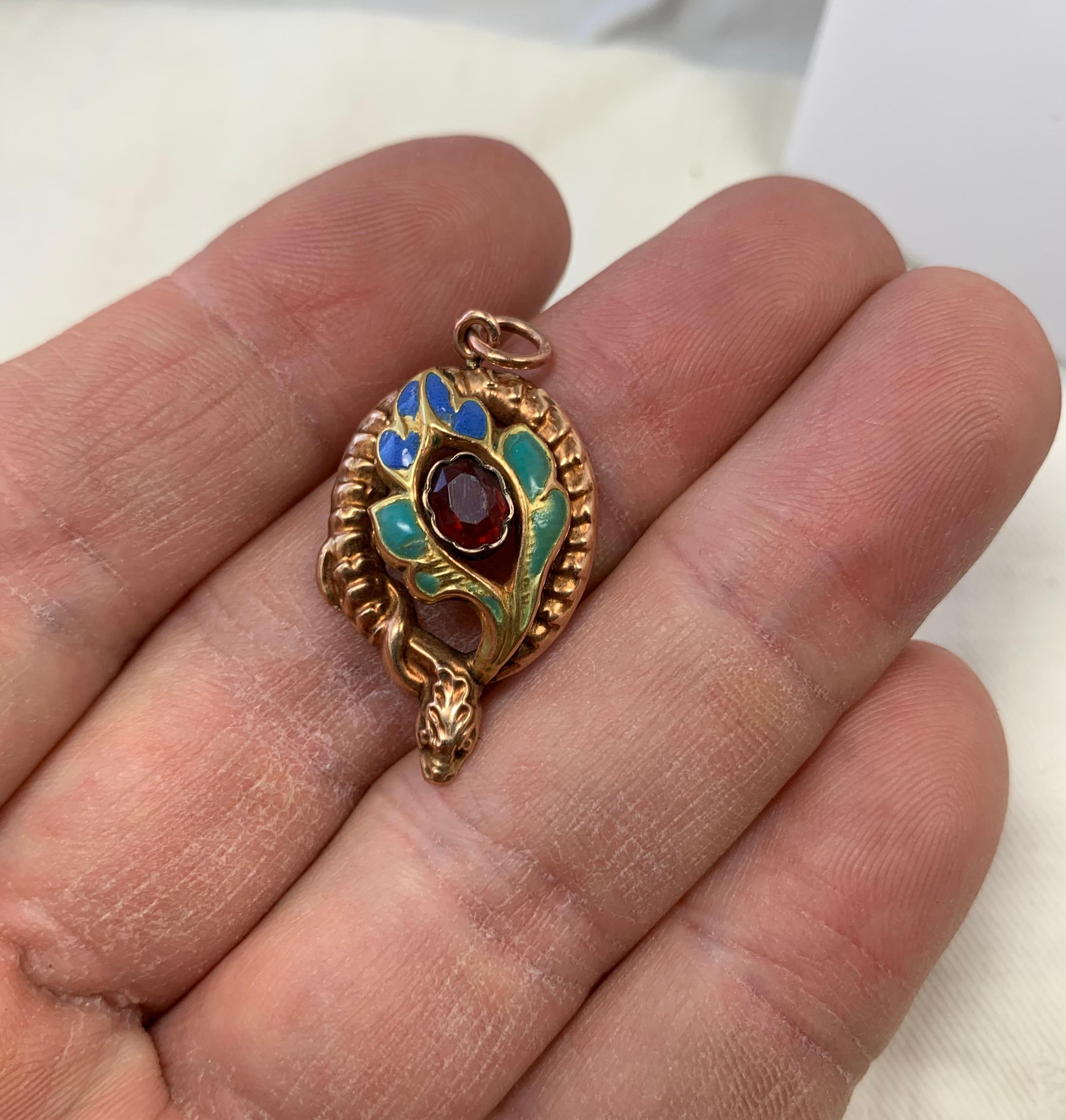 Victorian Garnet Enamel Snake Flower Pendant Necklace Antique Gold 1860 For Sale 5