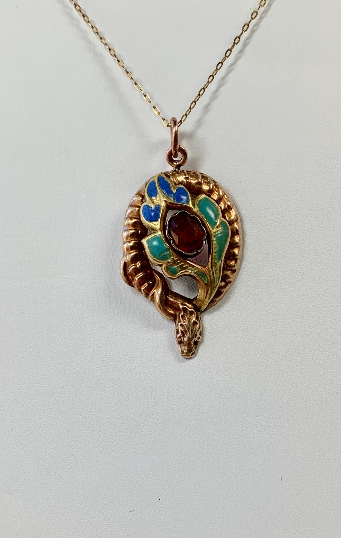 Women's or Men's Victorian Garnet Enamel Snake Flower Pendant Necklace Antique Gold 1860 For Sale
