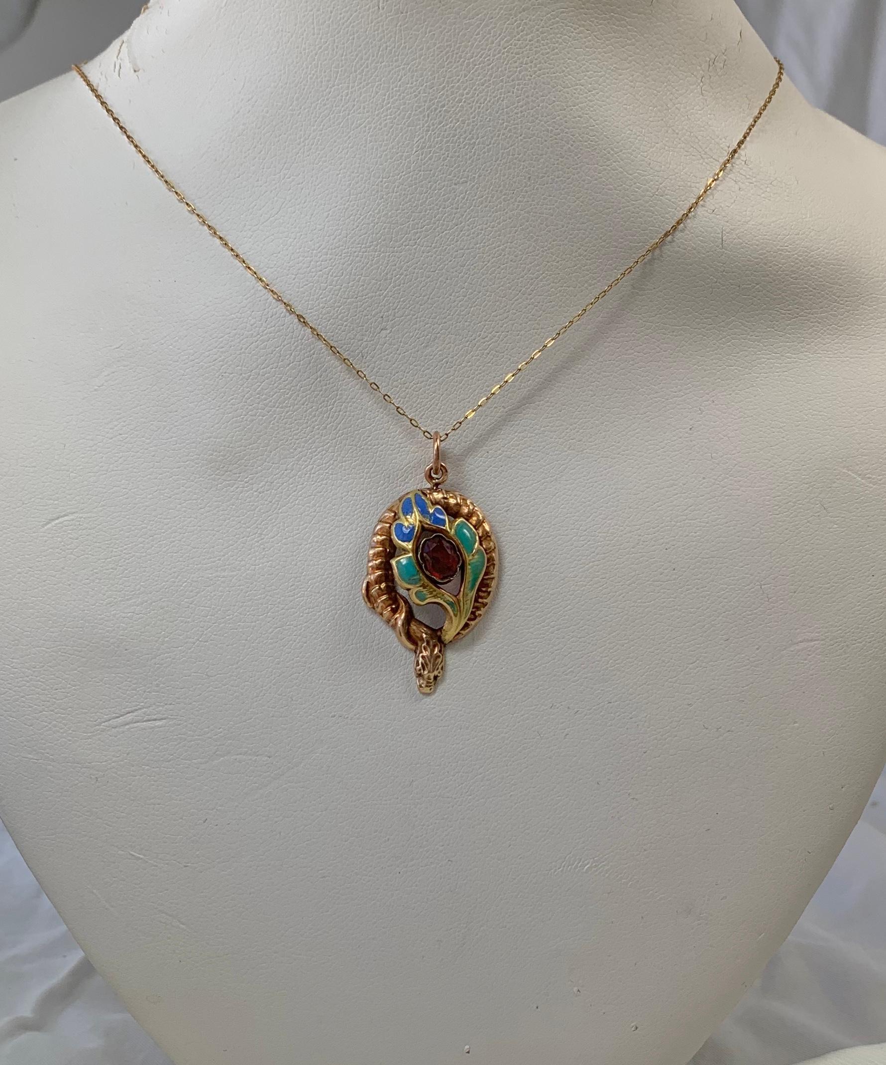 Victorian Garnet Enamel Snake Flower Pendant Necklace Antique Gold 1860 For Sale 1