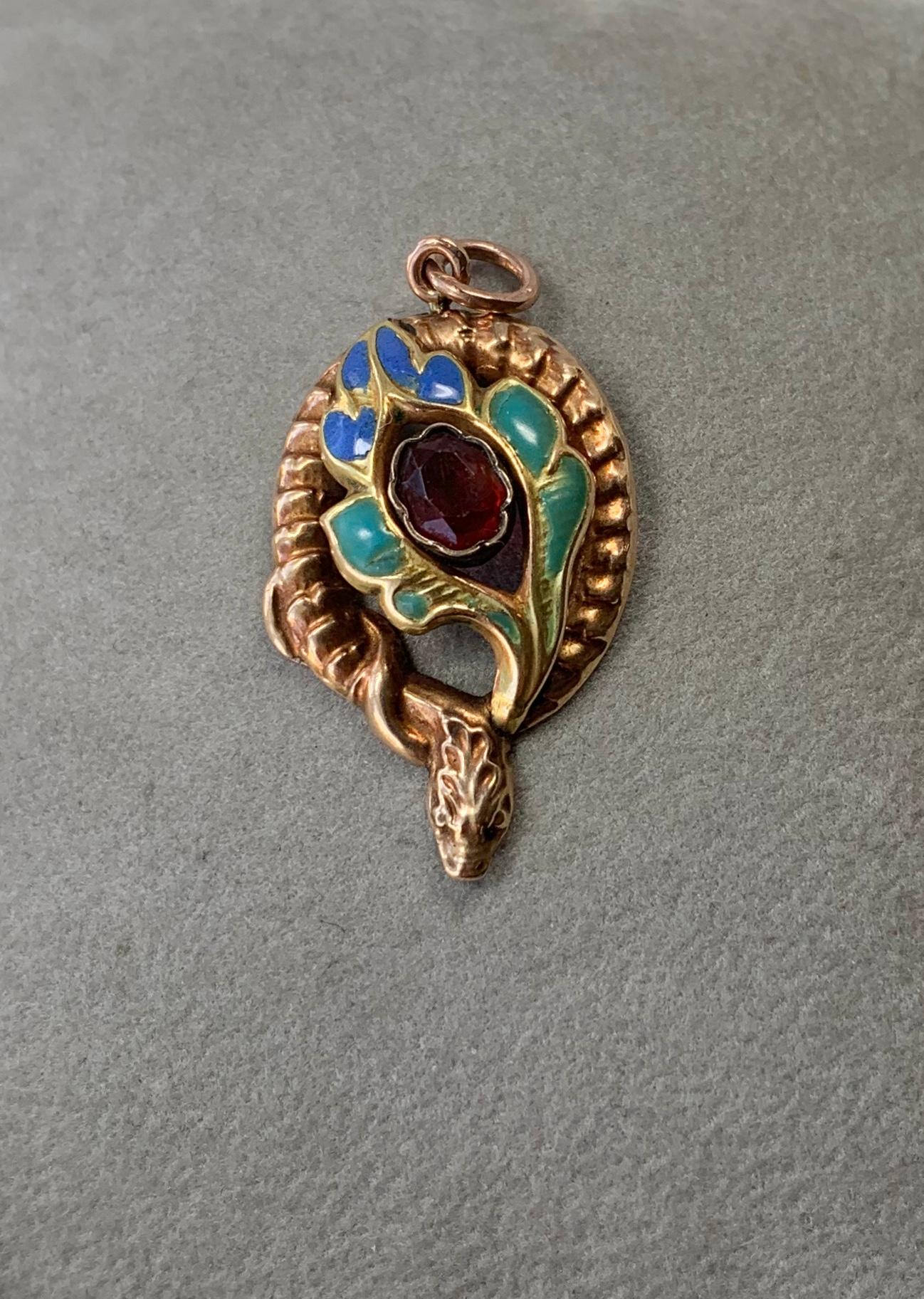 Victorian Garnet Enamel Snake Flower Pendant Necklace Antique Gold 1860 For Sale 2