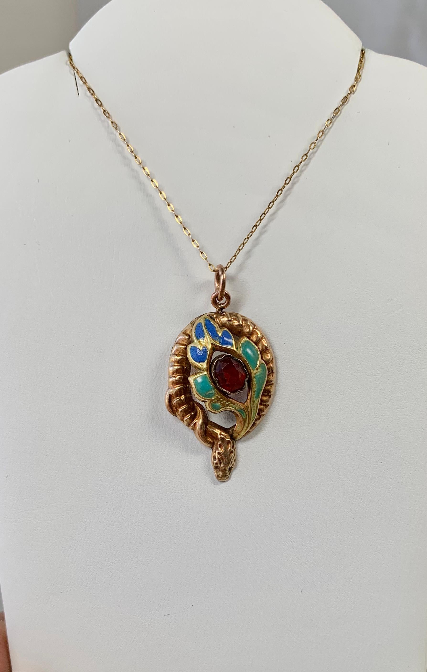 Victorian Garnet Enamel Snake Flower Pendant Necklace Antique Gold 1860 For Sale 4