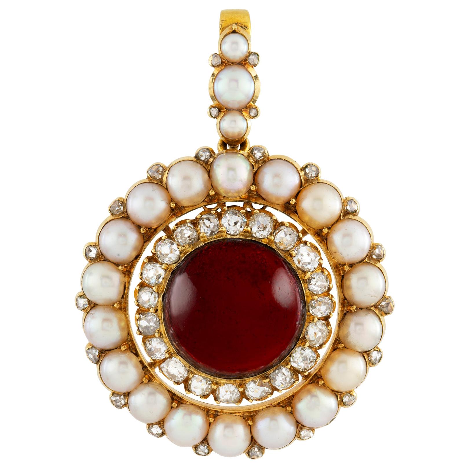 Victorian Garnet, Half Pearl and Diamond Brooch or Pendant