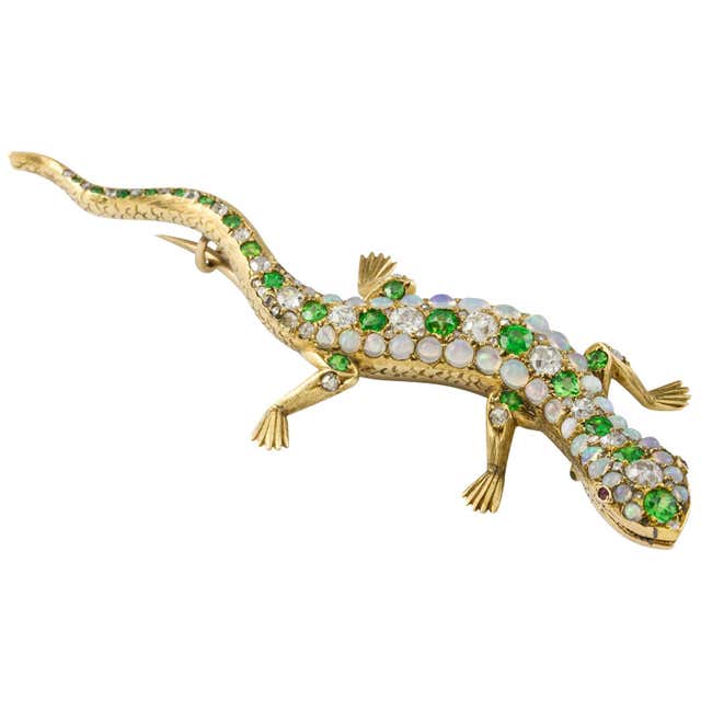 Victorian Coral Diamond Brooch with Gold Lizard at 1stDibs