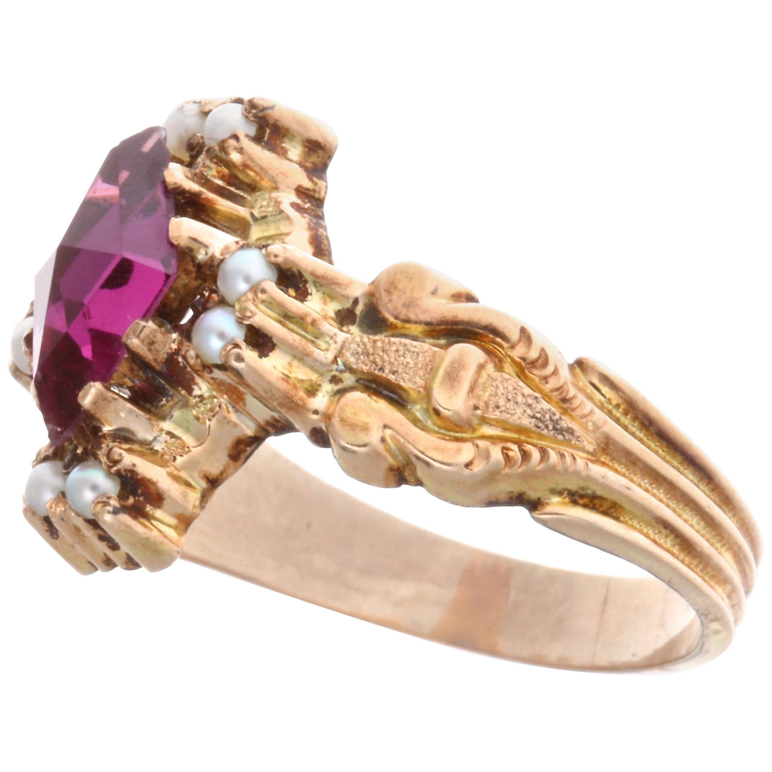 Victorian Garnet Pearl 14 Karat Gold Engagement Ring