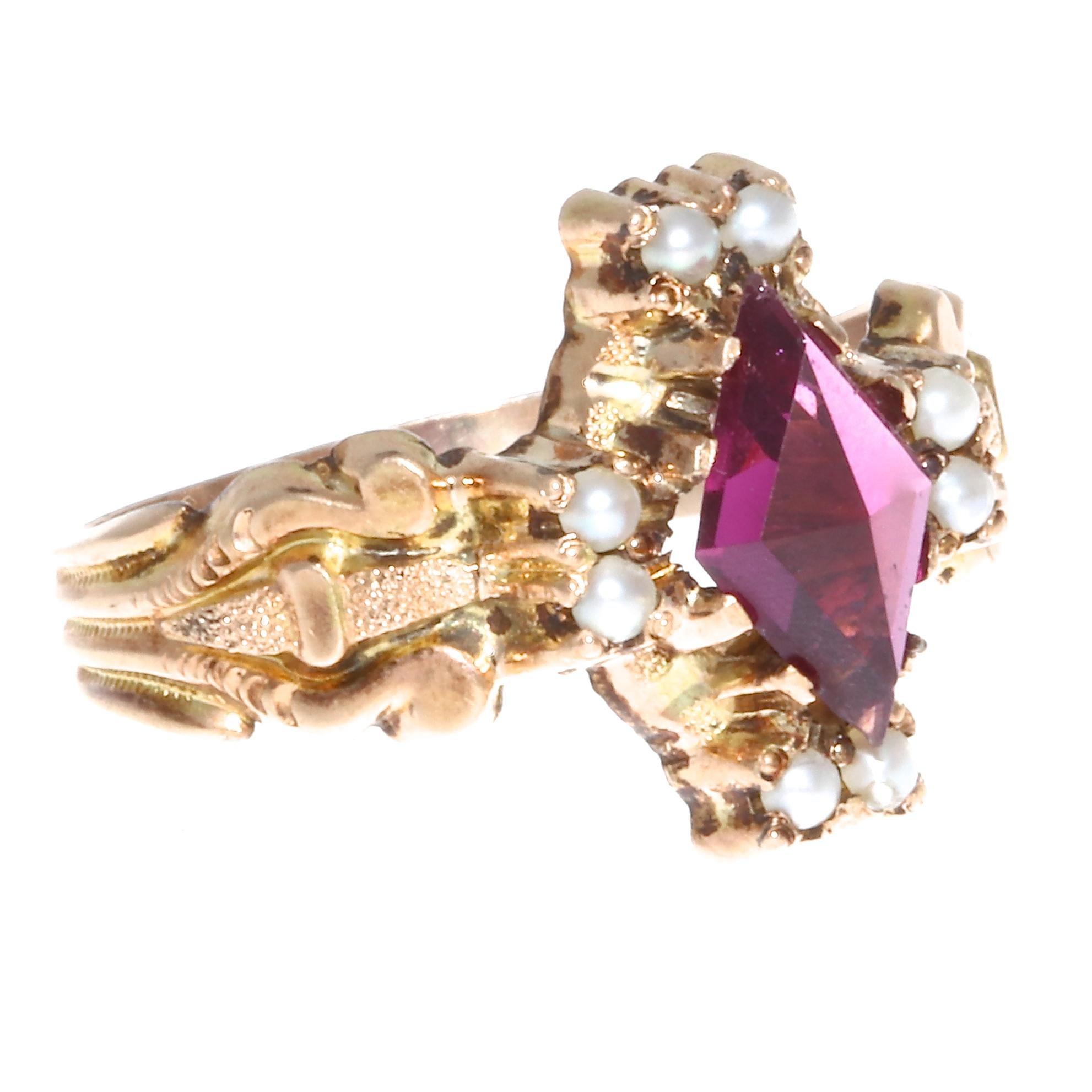Mixed Cut Victorian Garnet Pearl 14 Karat Gold Engagement Ring