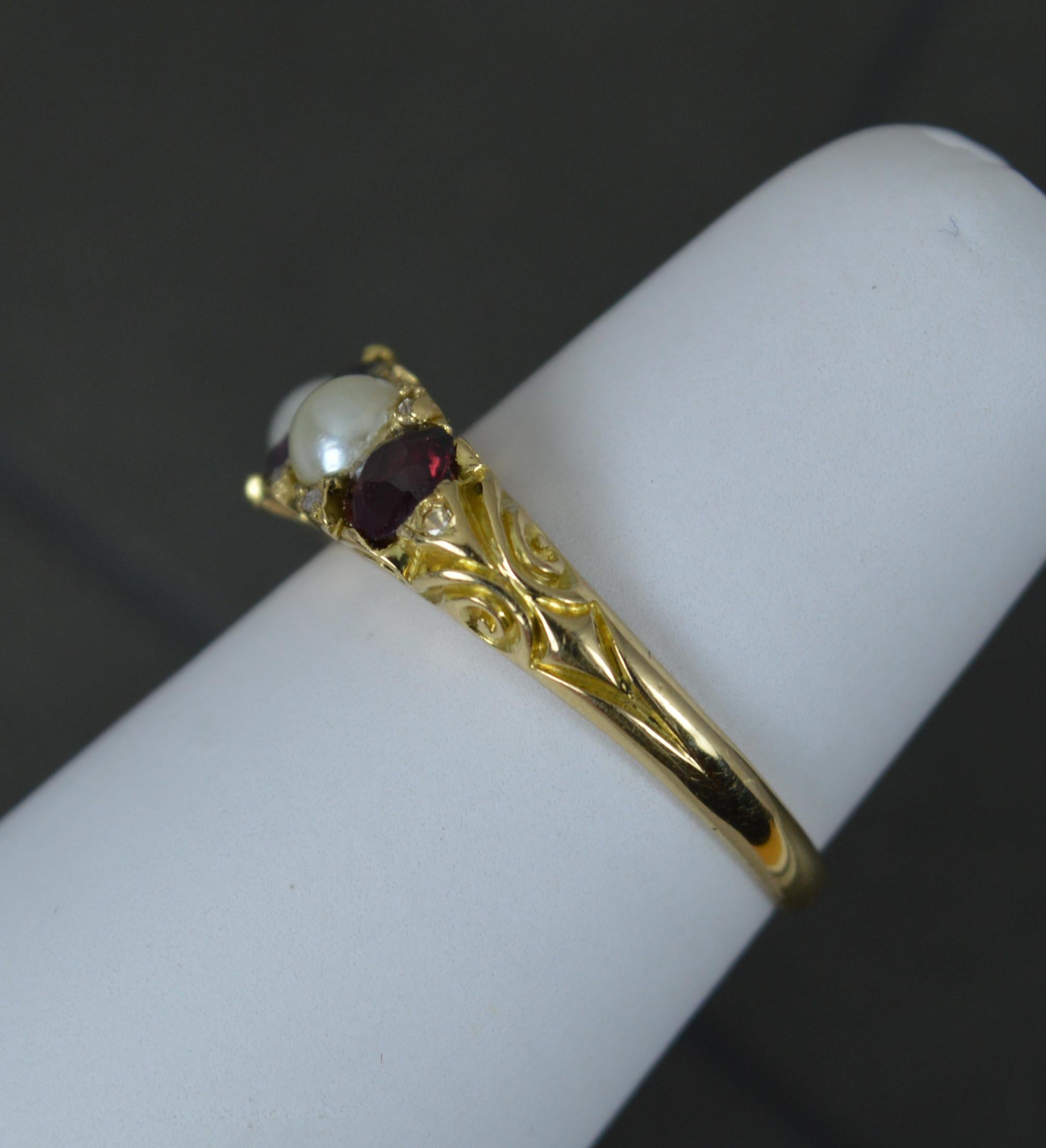 Victorian Garnet Pearl and Diamond 18ct Gold Five Stone Stack Ring 4