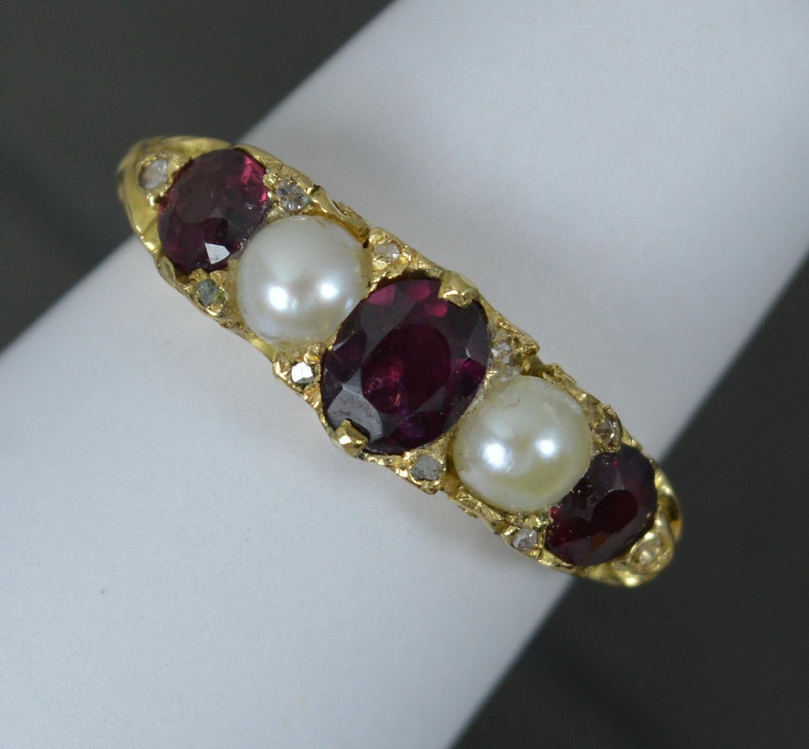 Victorian Garnet Pearl and Diamond 18ct Gold Five Stone Stack Ring For Sale 6
