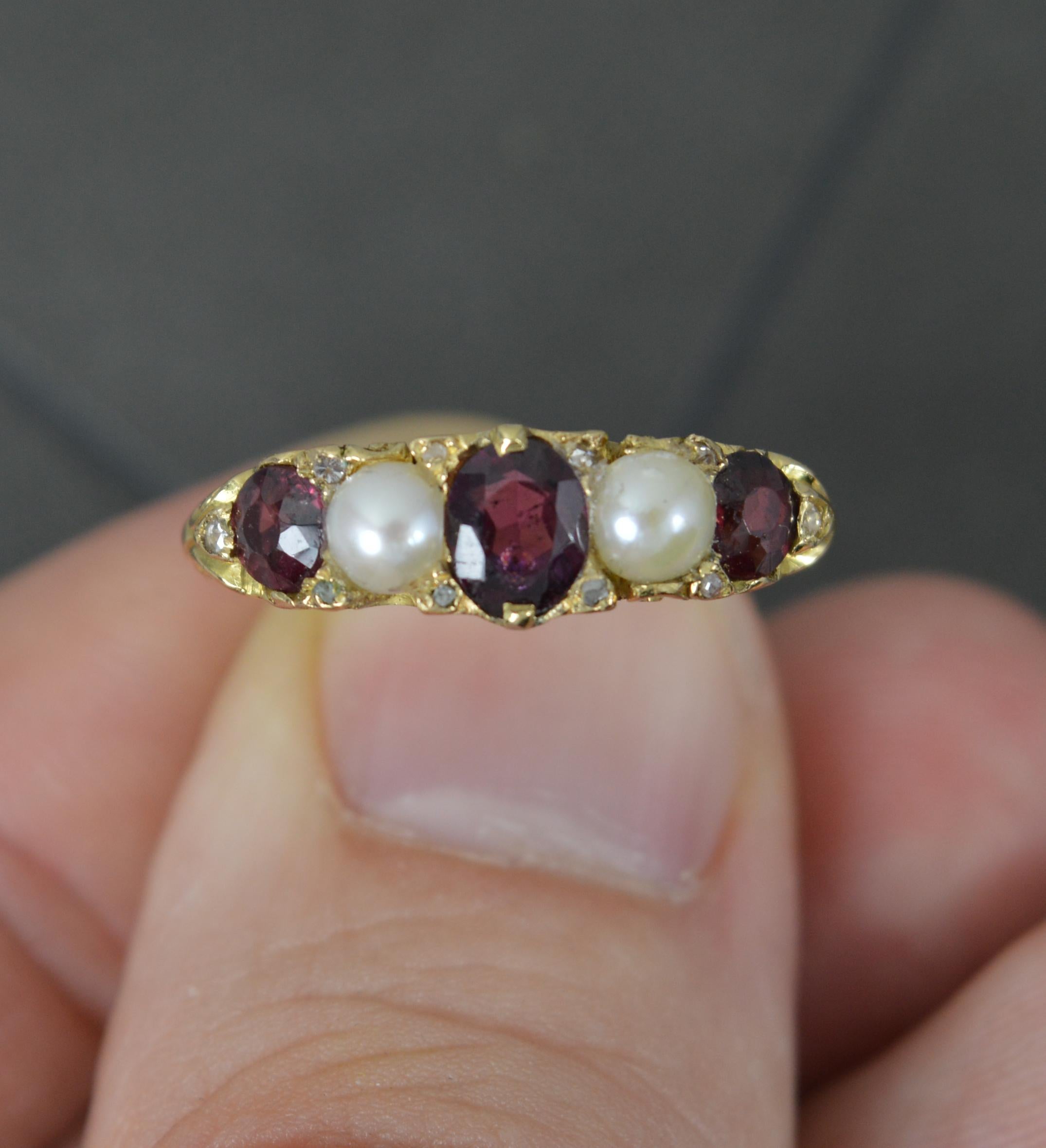 Women's Victorian Garnet Pearl and Diamond 18ct Gold Five Stone Stack Ring For Sale