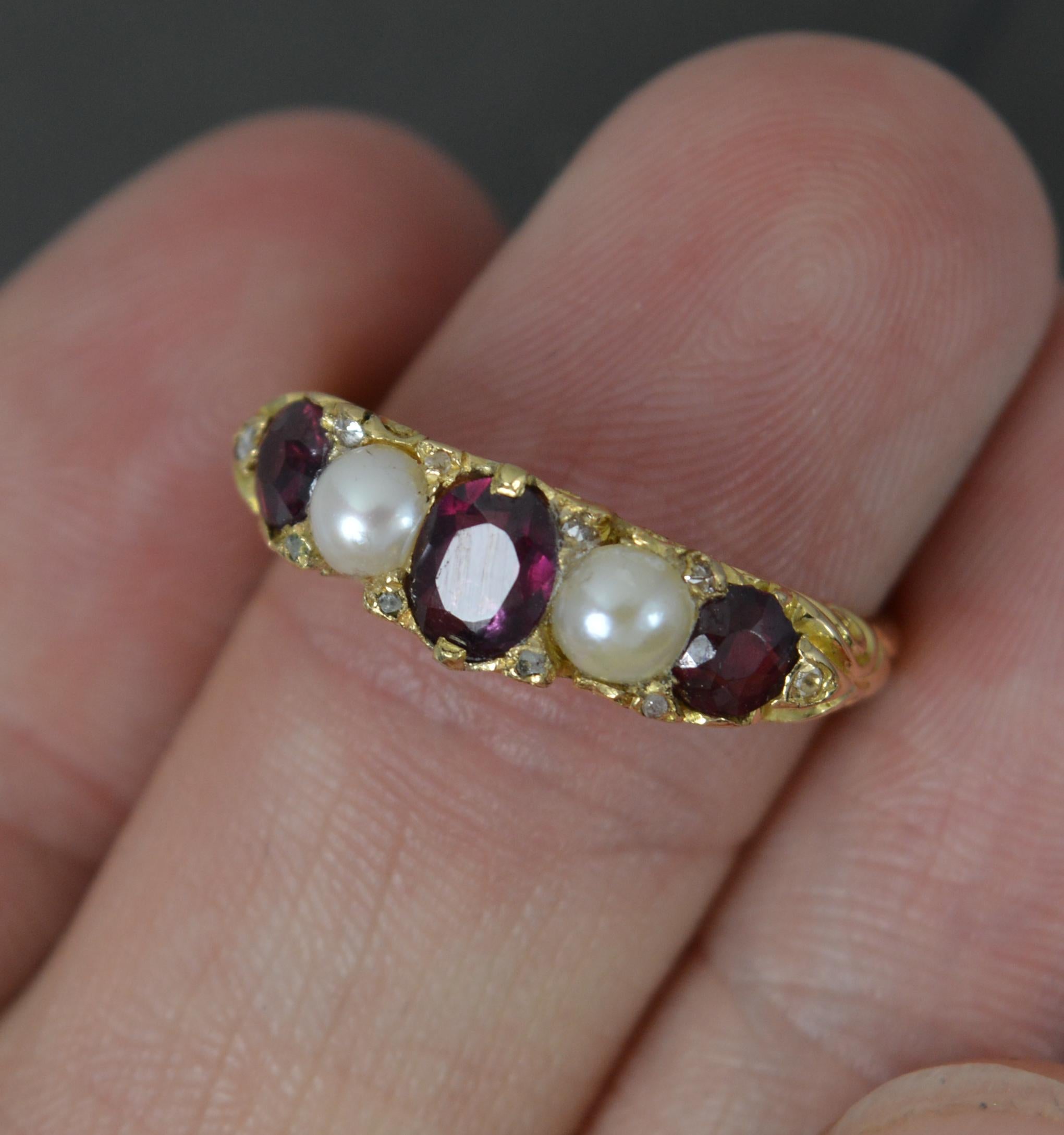 Victorian Garnet Pearl and Diamond 18ct Gold Five Stone Stack Ring For Sale 2