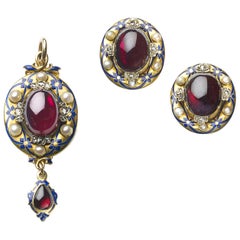 Victorian Holbeinesque Garnet Pearl and Enamel Earrings and Pendant Gold Suite