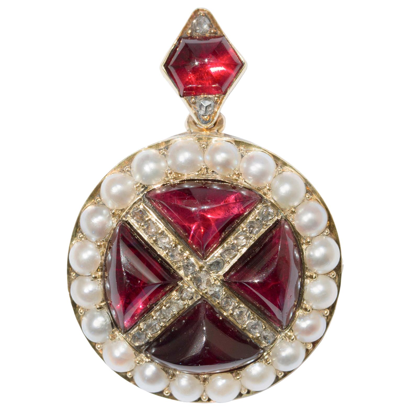 Victorian Garnet, Pearl and Diamond Pendant
