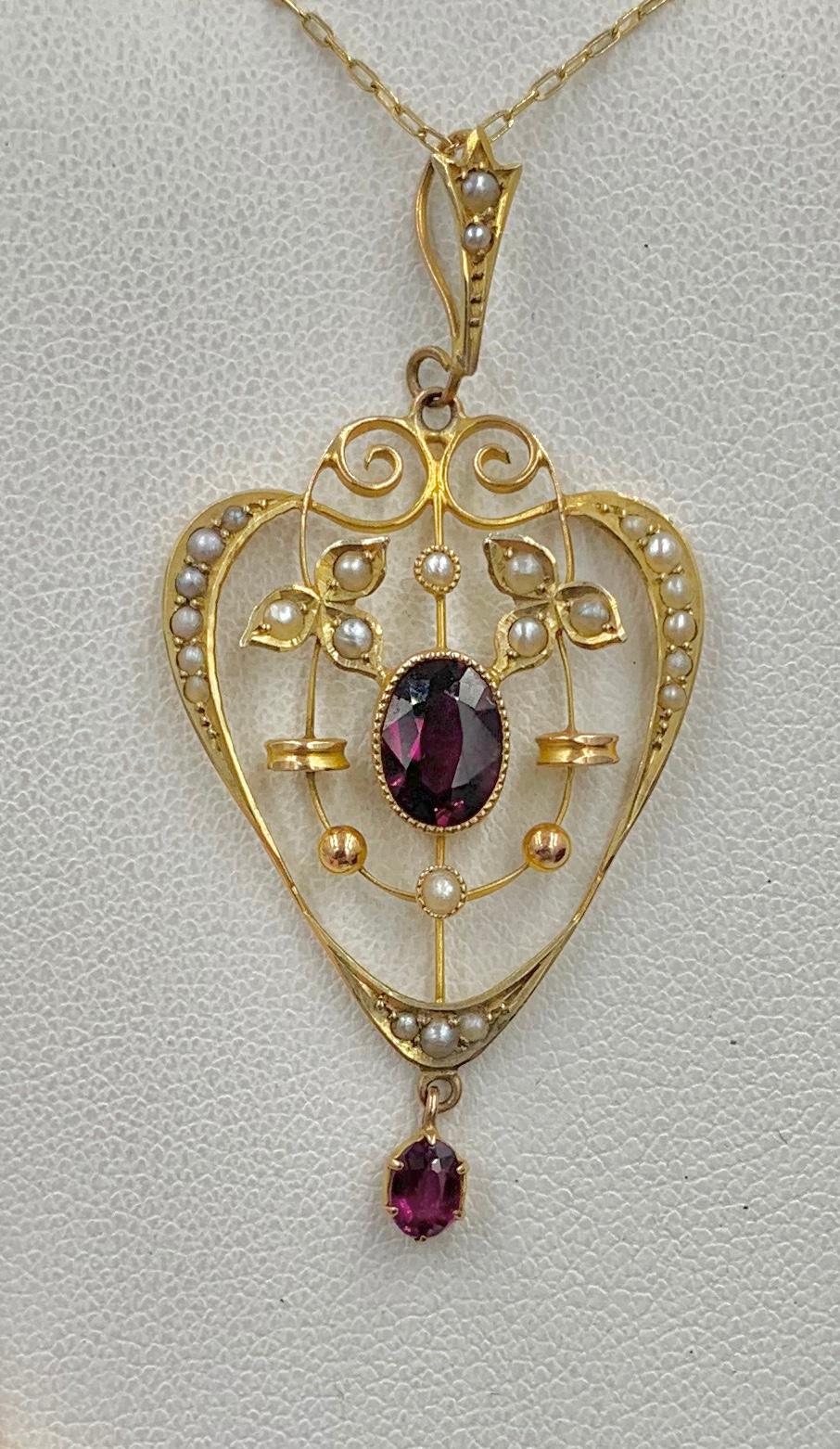 Oval Cut Victorian Garnet Pearl Heart Pendant Lavaliere Necklace Antique Gold