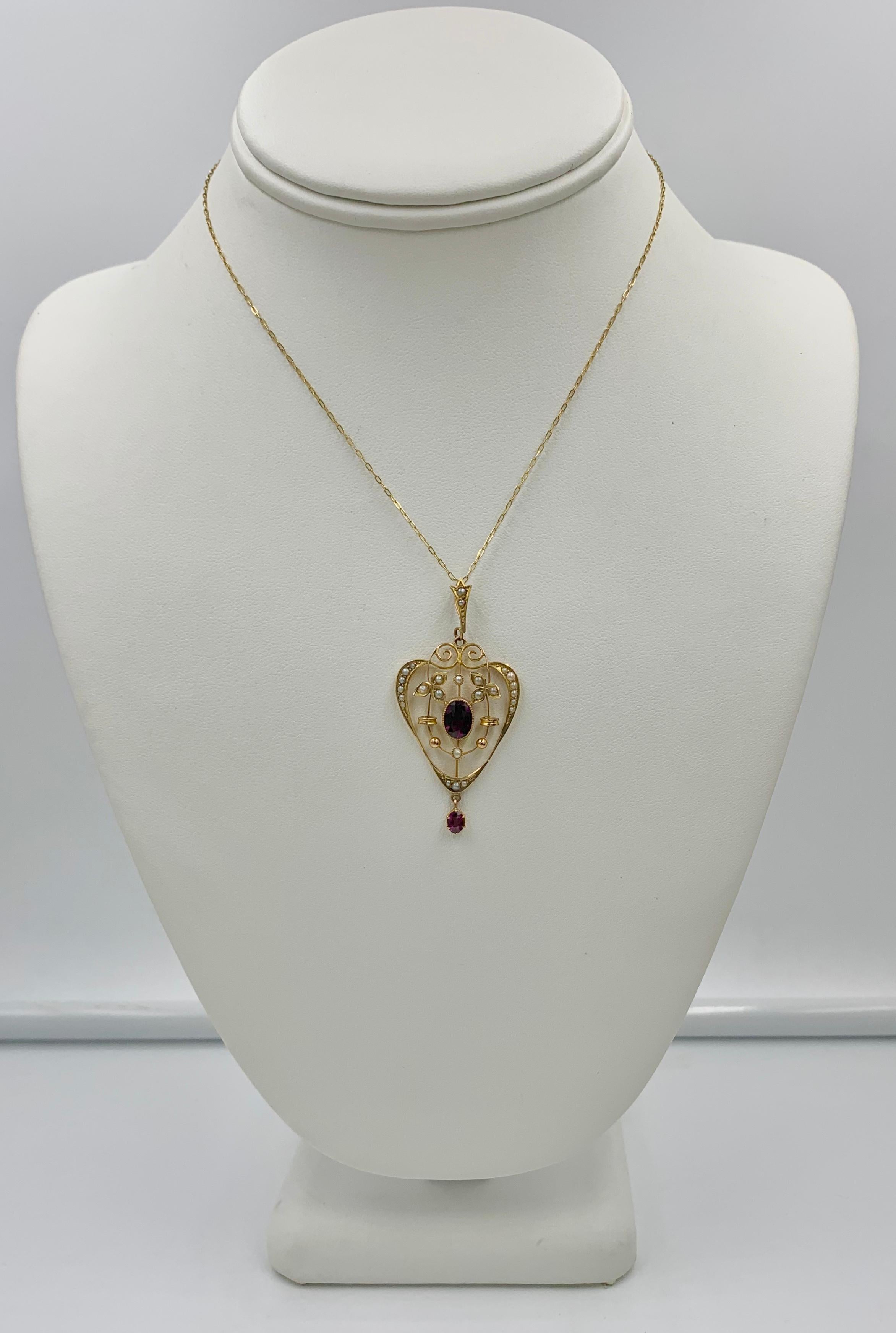Victorian Garnet Pearl Heart Pendant Lavaliere Necklace Antique Gold In Good Condition In New York, NY